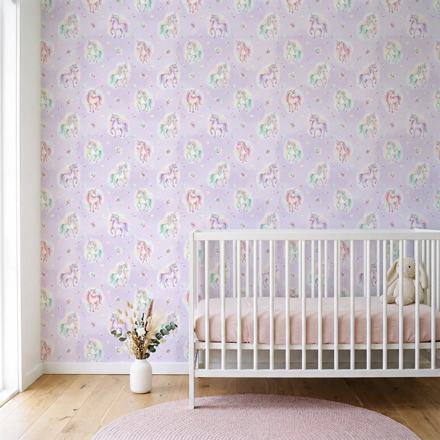 Unicorn Flower Watercolor wallpaper in Scandinavian nursery - Whimsy Tots