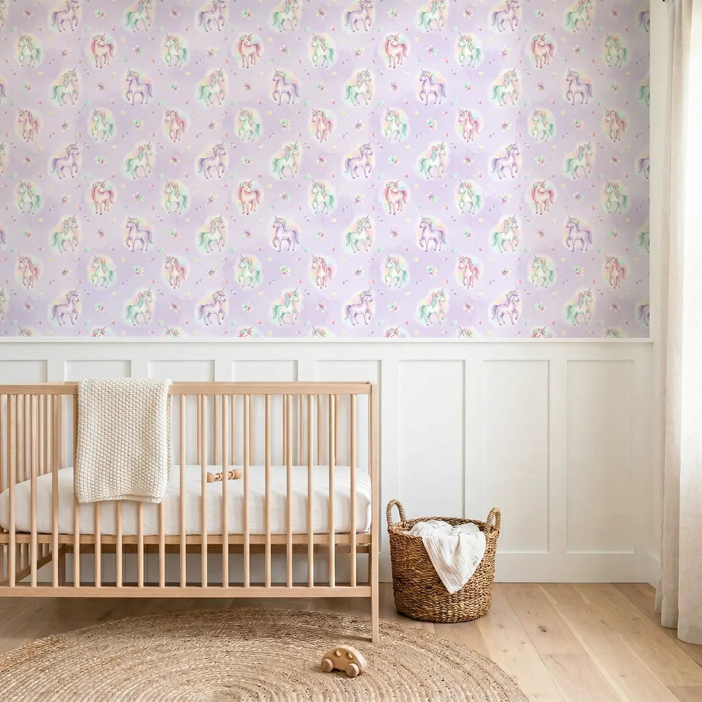 Unicorn Flower Watercolor wallpaper above wainscoting - Whimsy Tots