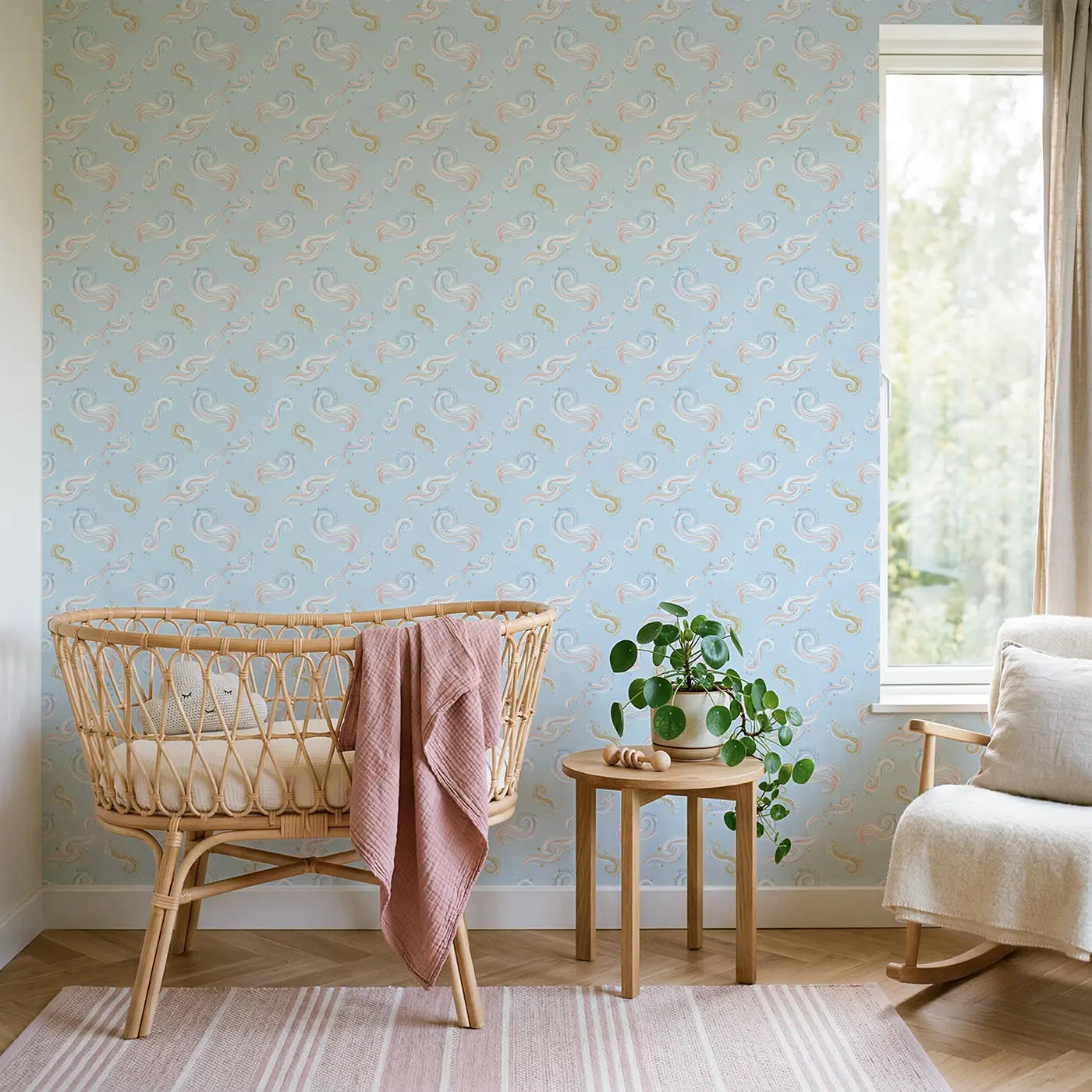 Swirling Magic Soft Pastel wallpaper in Scandinavian nursery - Whimsy Tots