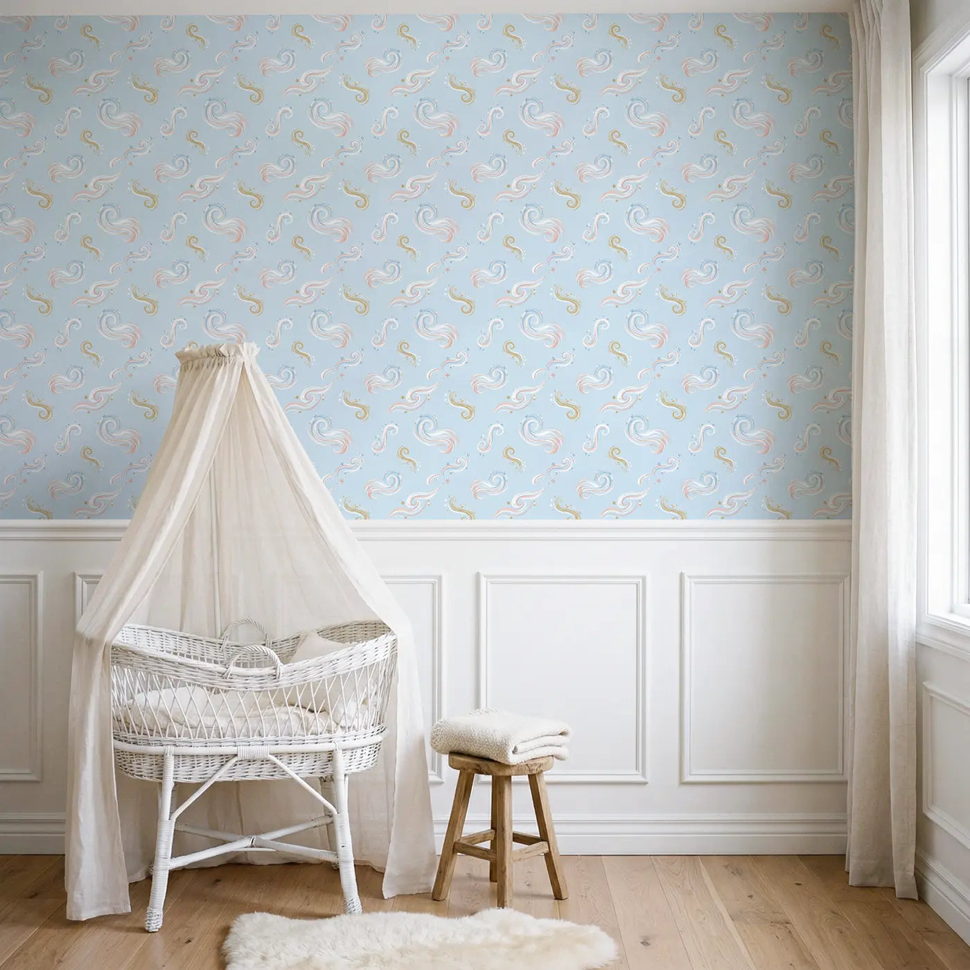 Swirling Magic Soft Pastel wallpaper above wainscoting - Whimsy Tots