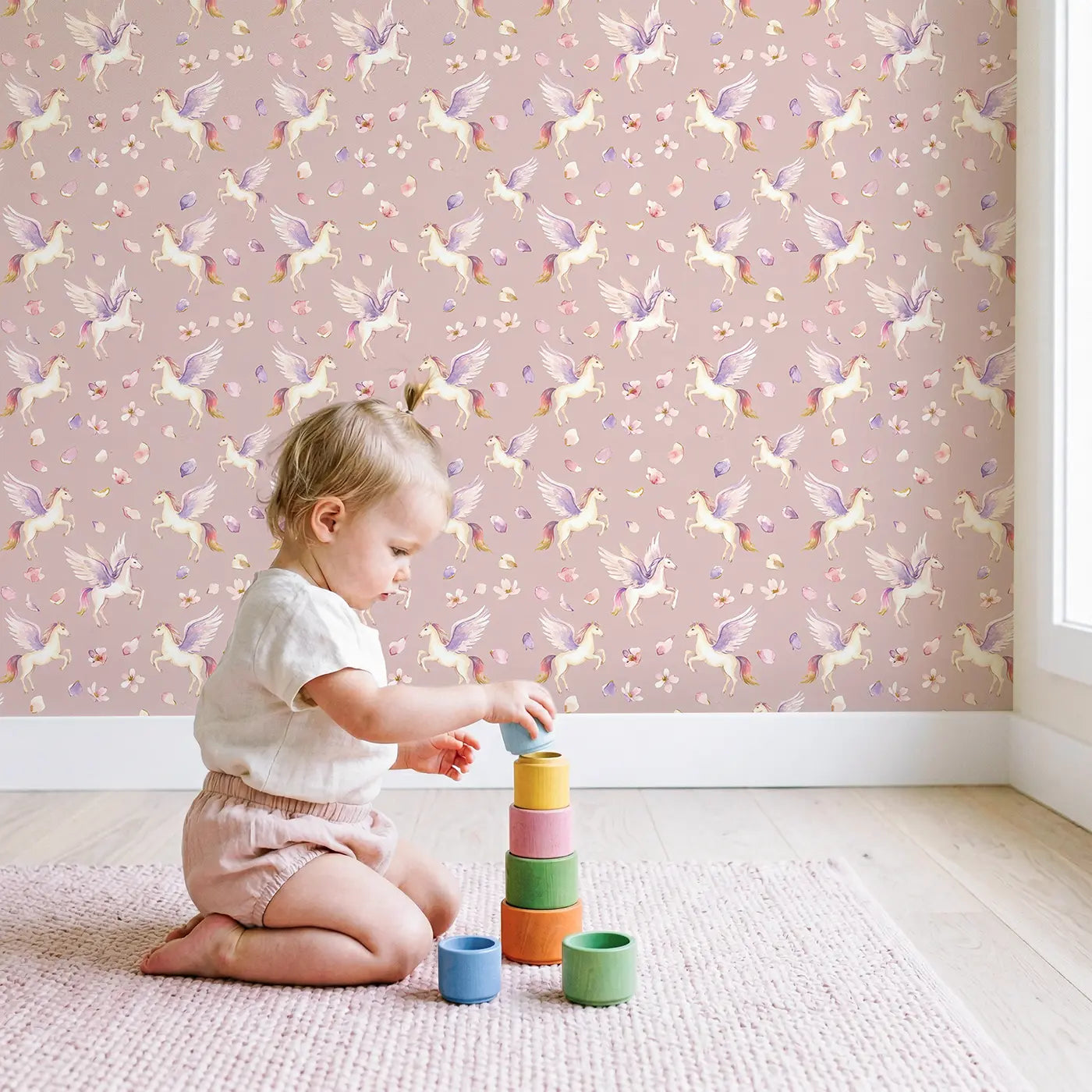 Pegasus Soaring Watercolor wallpaper in styled kids room - Whimsy Tots