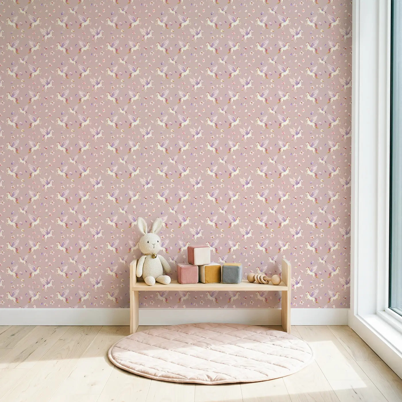 Pegasus Soaring Watercolor wallpaper in Scandinavian nursery - Whimsy Tots