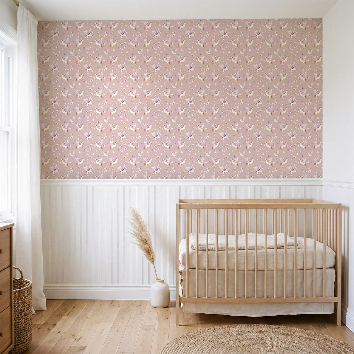 Pegasus Soaring Watercolor wallpaper above wainscoting - Whimsy Tots