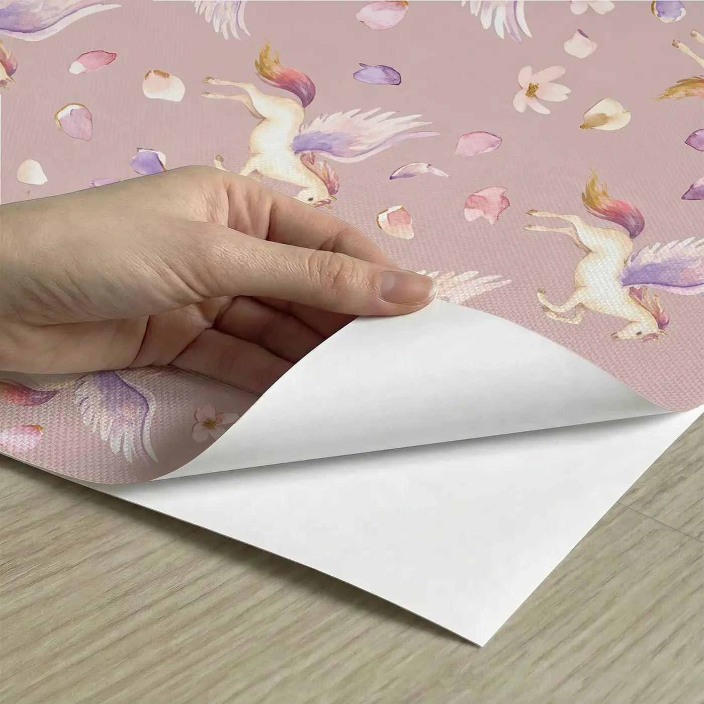 Pegasus Soaring Watercolor peel and stick material close-up - Whimsy Tots
