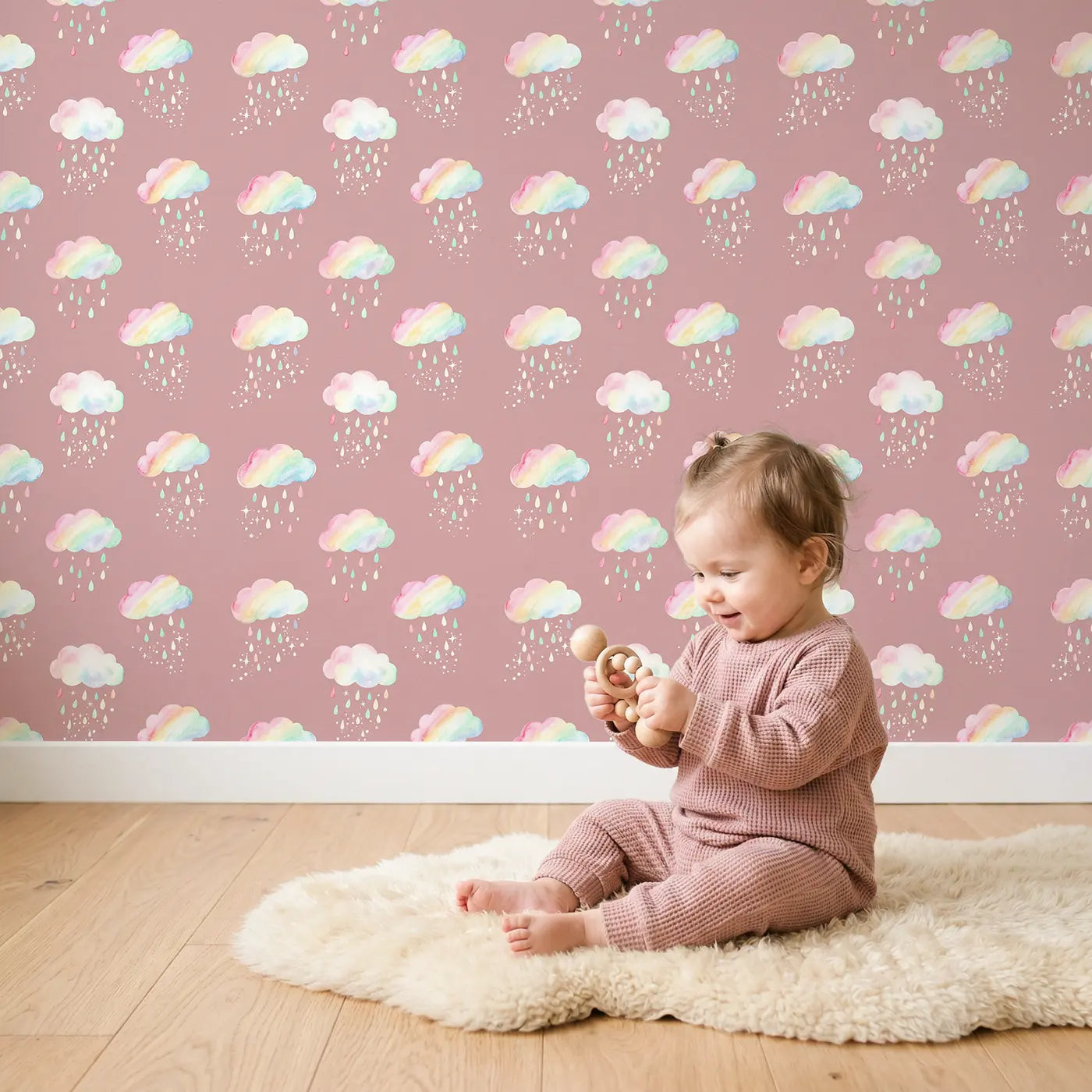 Rainbow Clouds Raining Watercolor wallpaper in styled kids room - Whimsy Tots