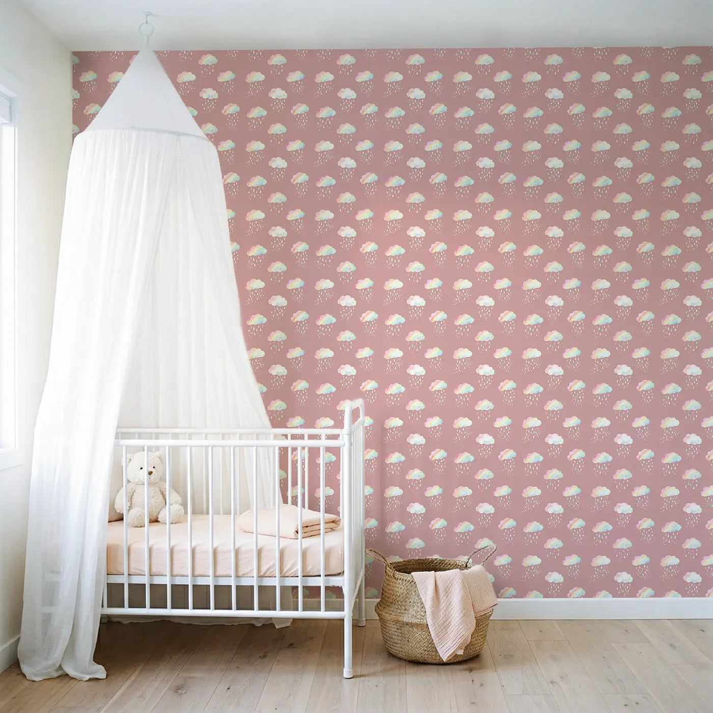Rainbow Clouds Raining Watercolor wallpaper in Scandinavian nursery - Whimsy Tots