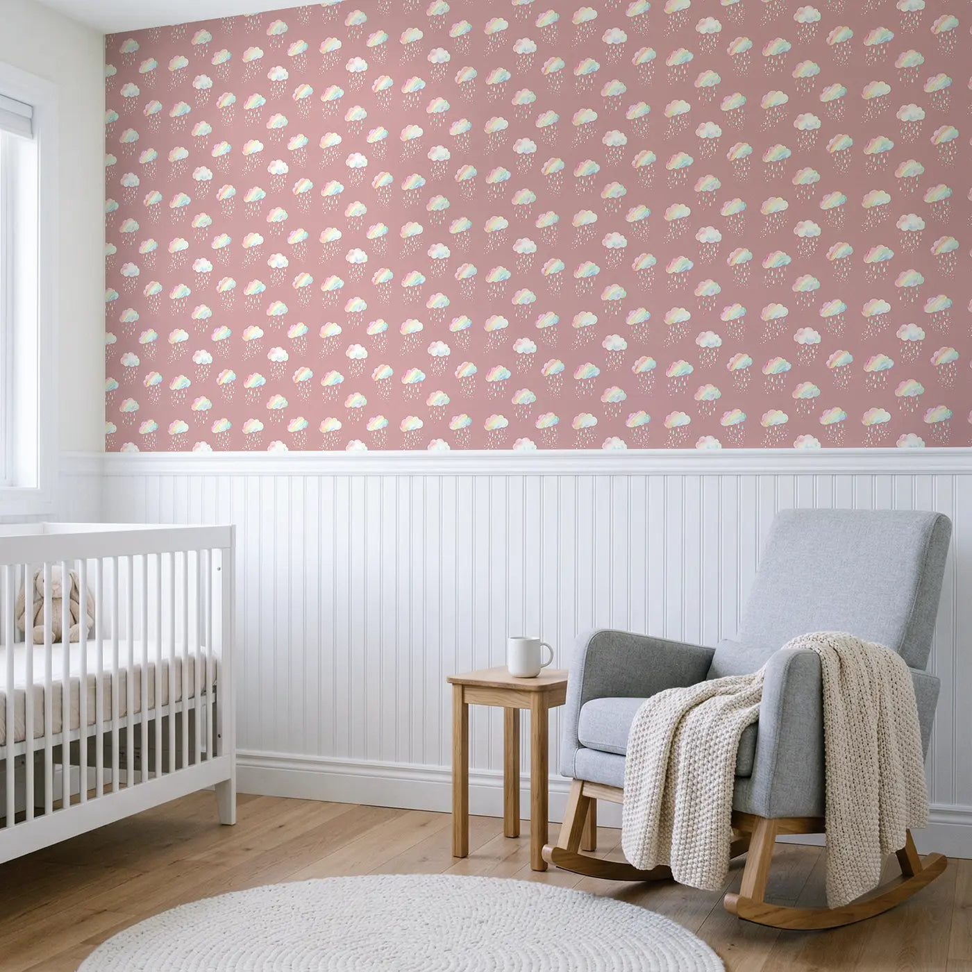 Rainbow Clouds Raining Watercolor wallpaper above wainscoting - Whimsy Tots