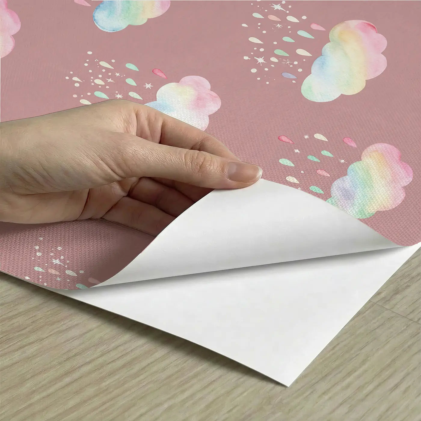 Rainbow Clouds Raining Watercolor peel and stick material close-up - Whimsy Tots