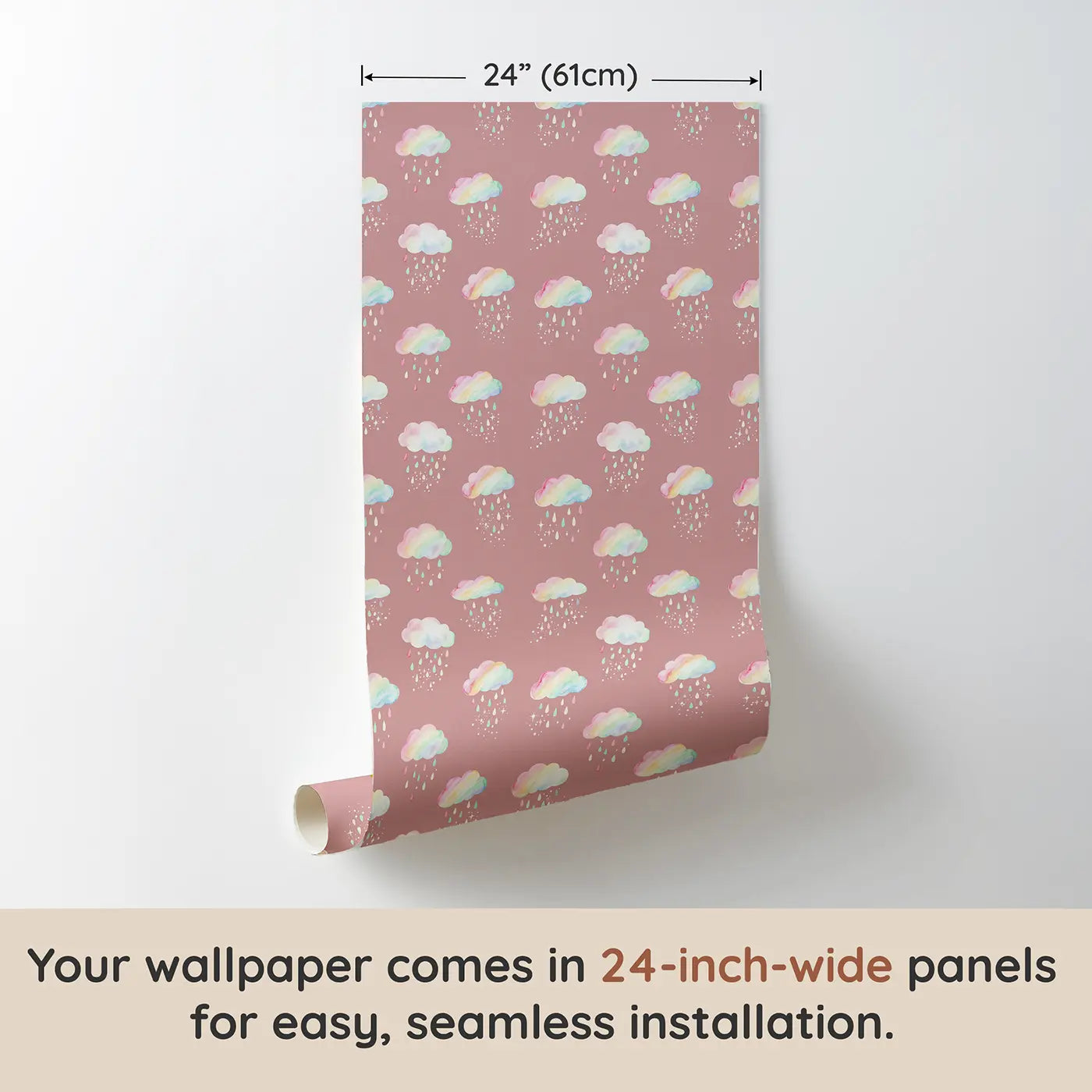 Rainbow Clouds Raining Watercolor wallpaper panel dimensions - Whimsy Tots