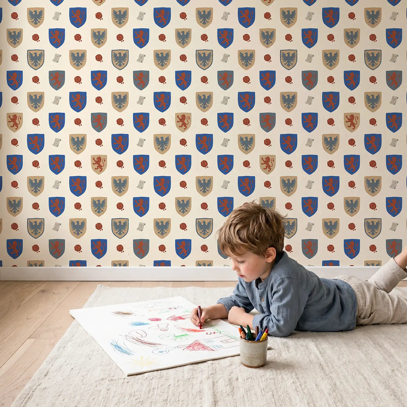 Knight Crests Modern Illustration wallpaper in styled kids room - Whimsy Tots