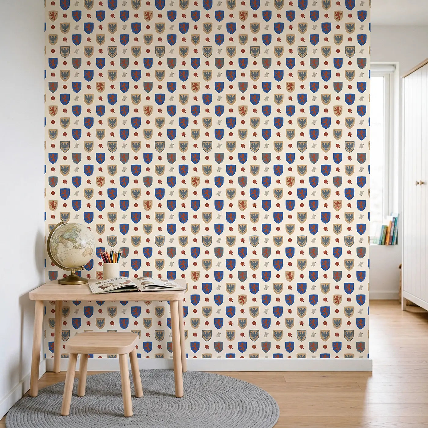 Knight Crests Modern Illustration wallpaper in Scandinavian nursery - Whimsy Tots