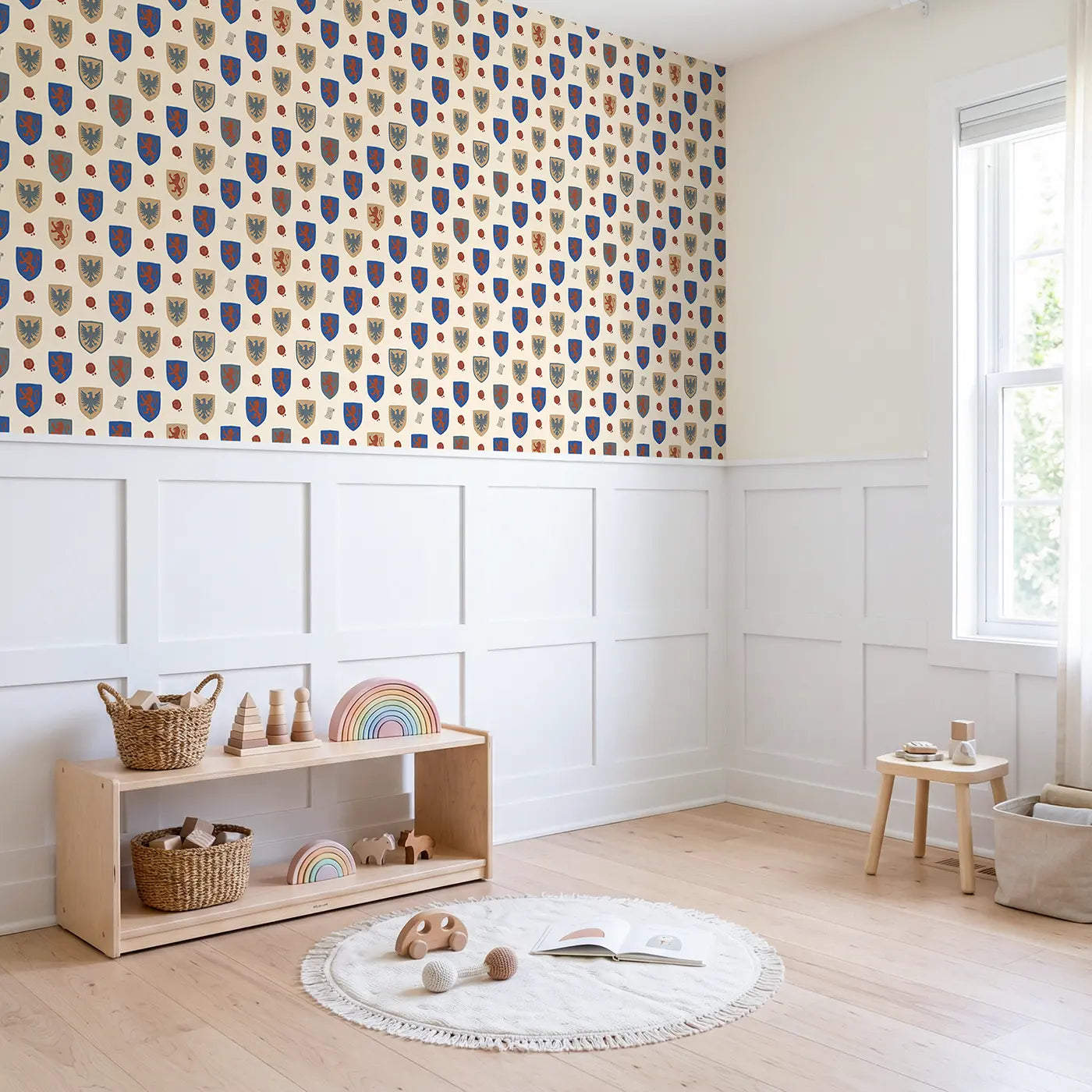 Knight Crests Modern Illustration wallpaper above wainscoting - Whimsy Tots