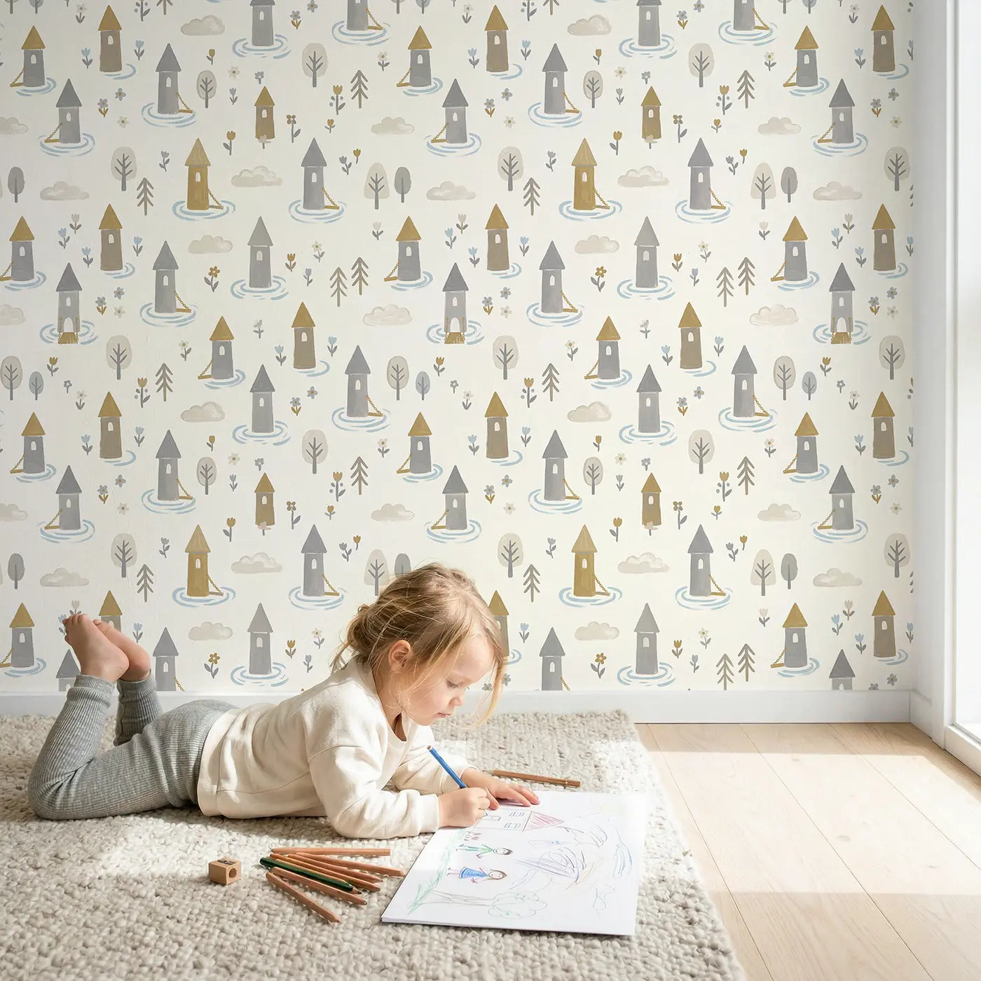 Castle Towers Modern Illustration wallpaper in styled kids room - Whimsy Tots