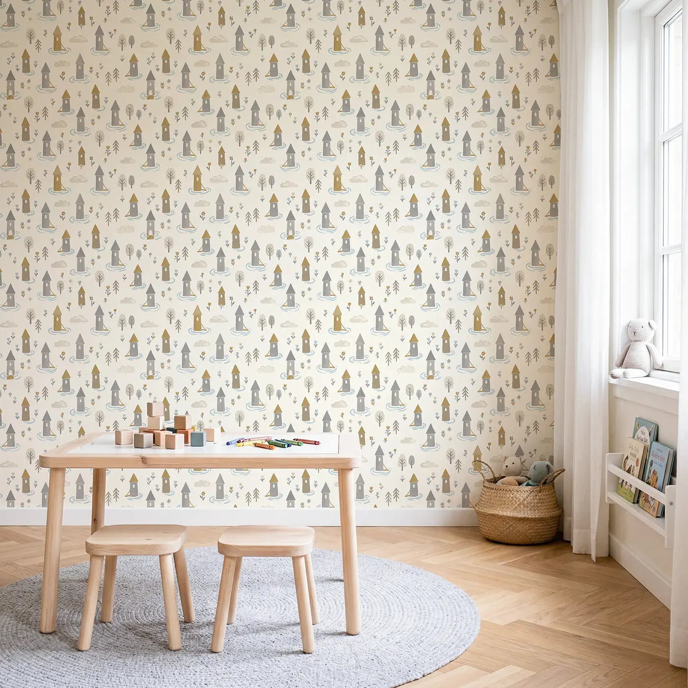 Castle Towers Modern Illustration wallpaper in Scandinavian nursery - Whimsy Tots