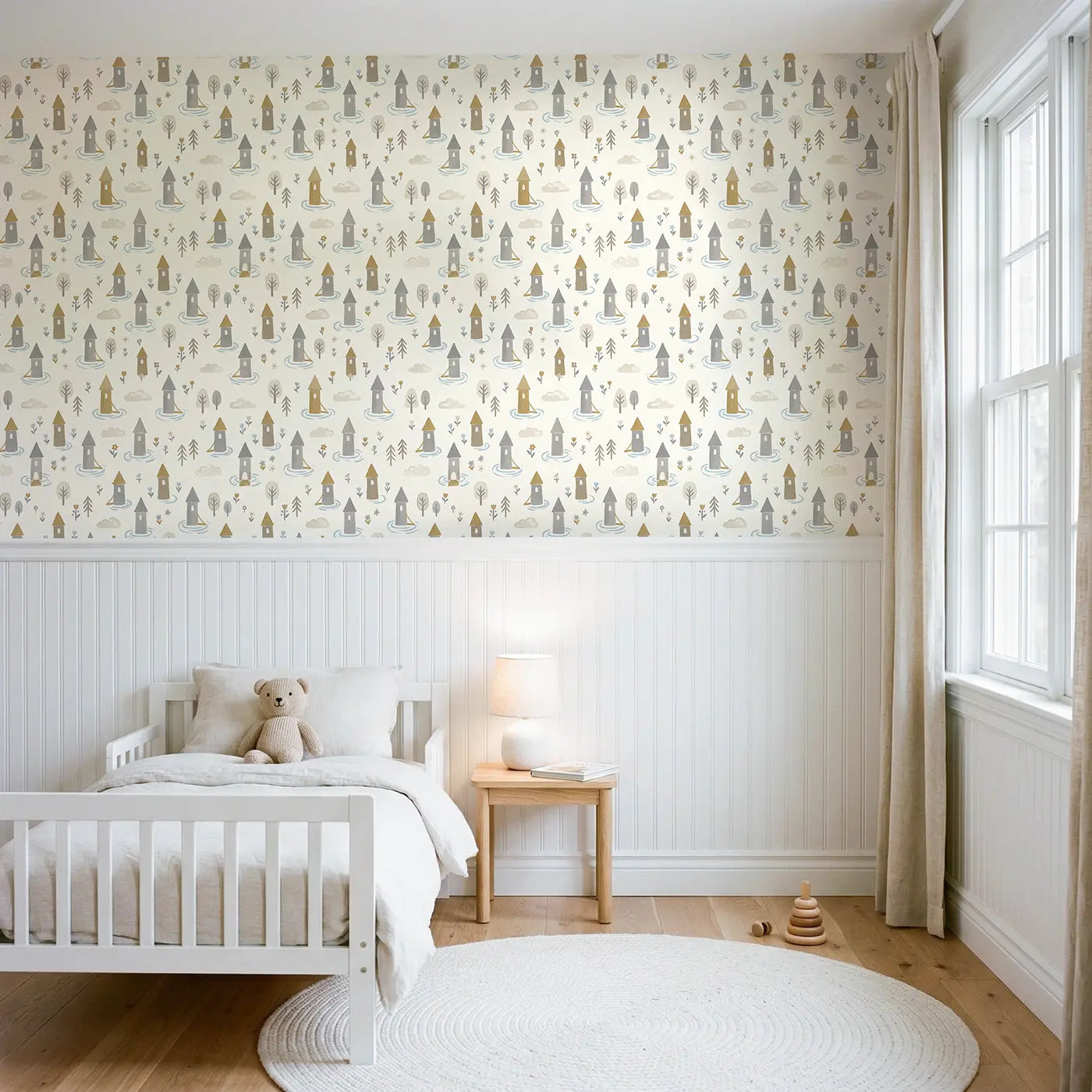 Castle Towers Modern Illustration wallpaper above wainscoting - Whimsy Tots