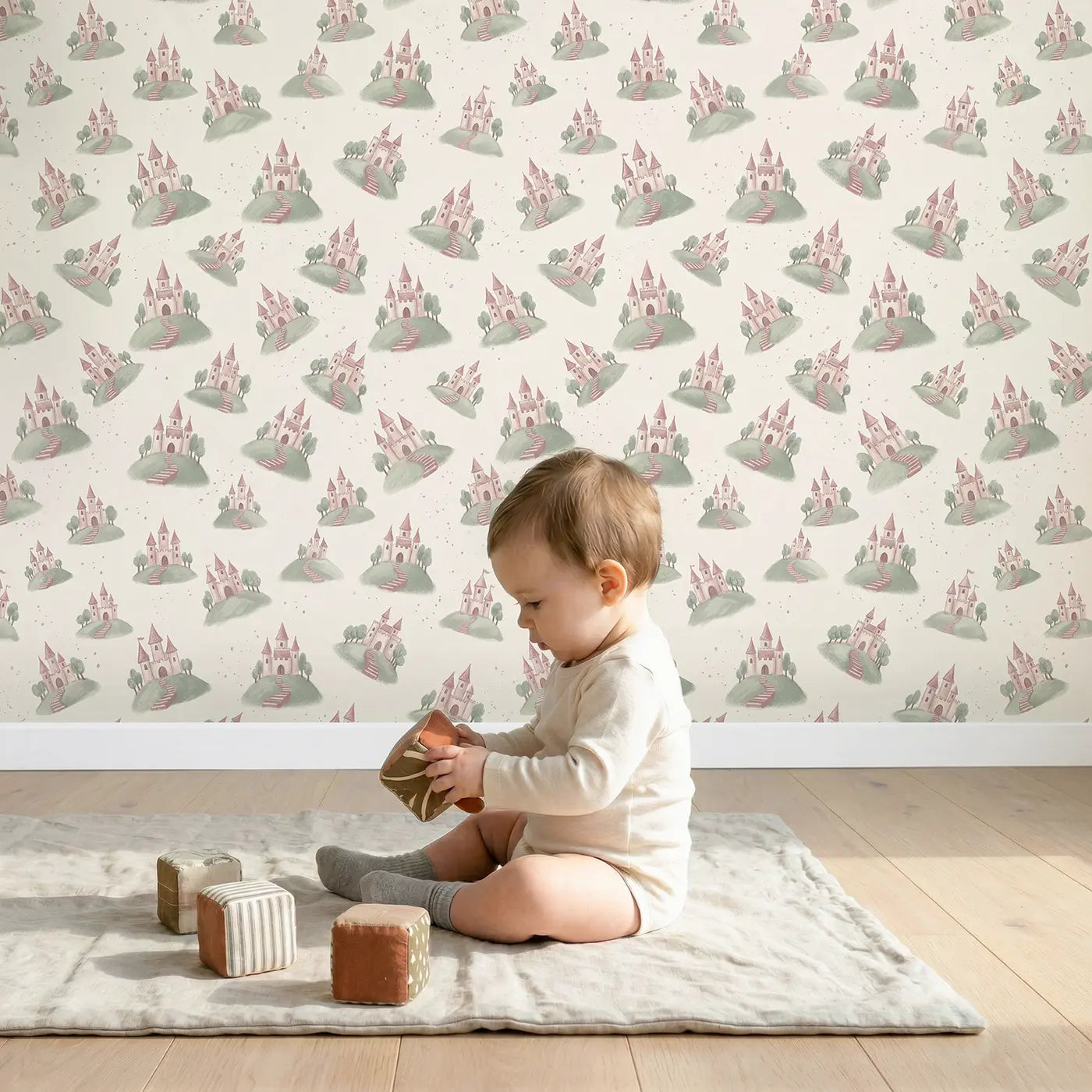 Whimsical Castles Soft Pastel wallpaper in styled kids room - Whimsy Tots