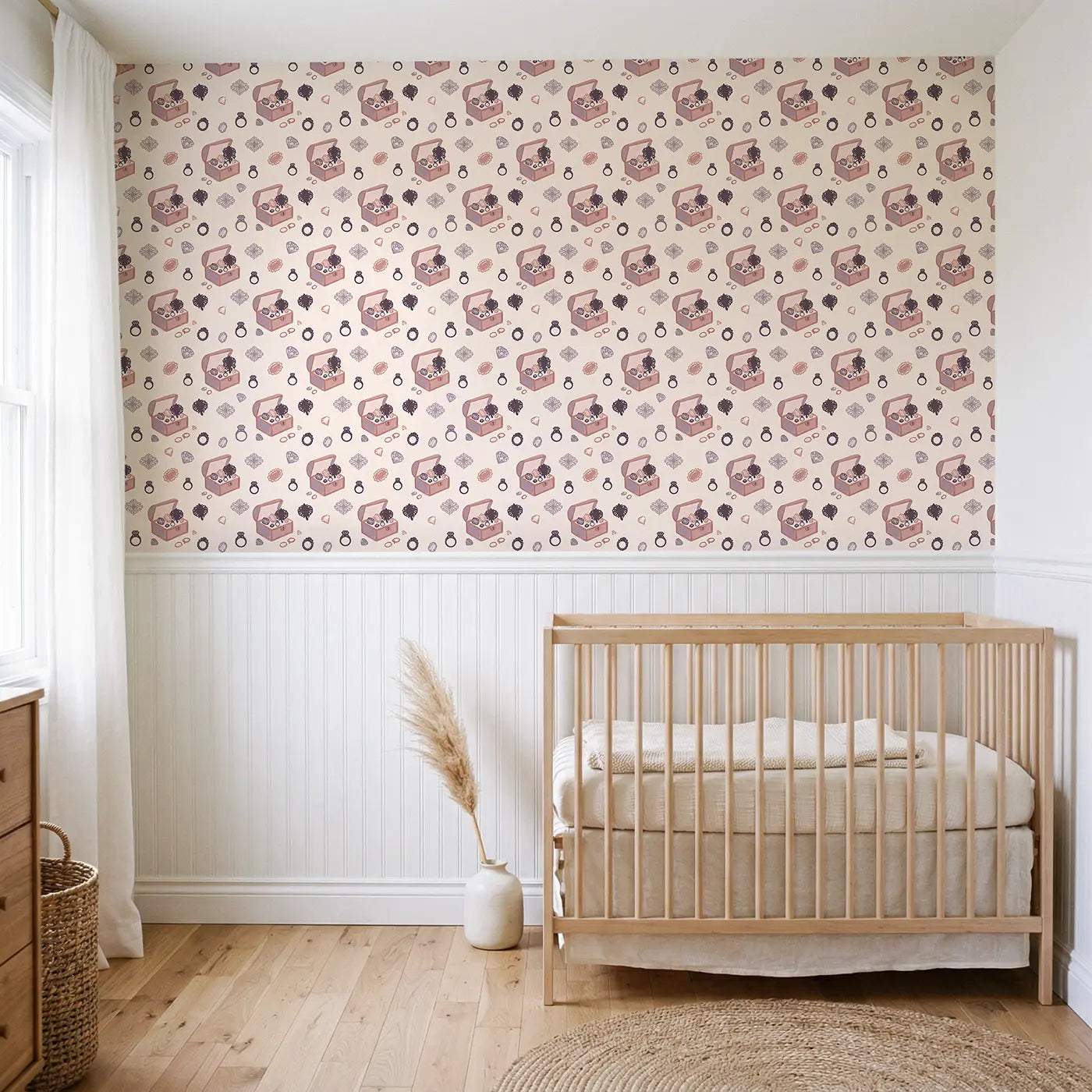 Royal Jewelry Modern Illustration wallpaper above wainscoting - Whimsy Tots