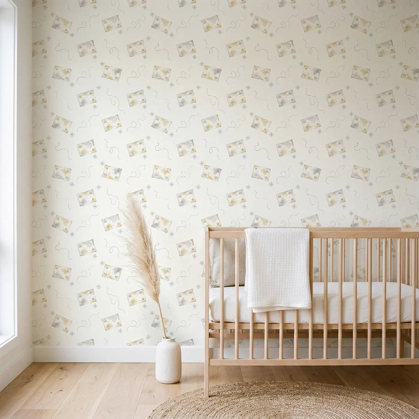 Treasure Maps Watercolor wallpaper in Scandinavian nursery - Whimsy Tots