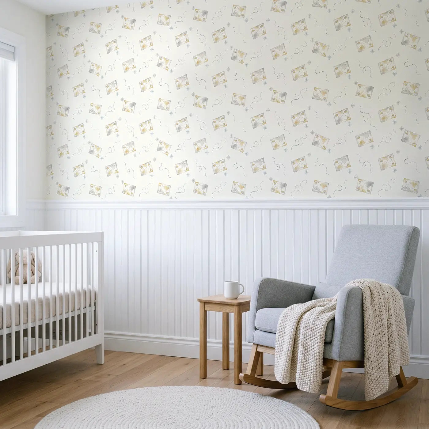 Treasure Maps Watercolor wallpaper above wainscoting - Whimsy Tots