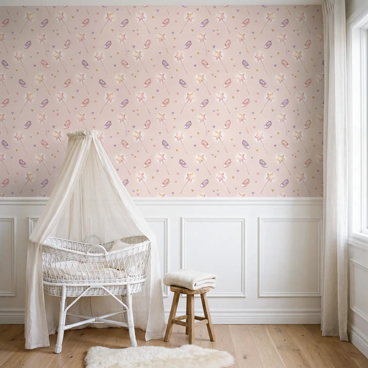 Scattered Magic Soft Pastel wallpaper above wainscoting - Whimsy Tots