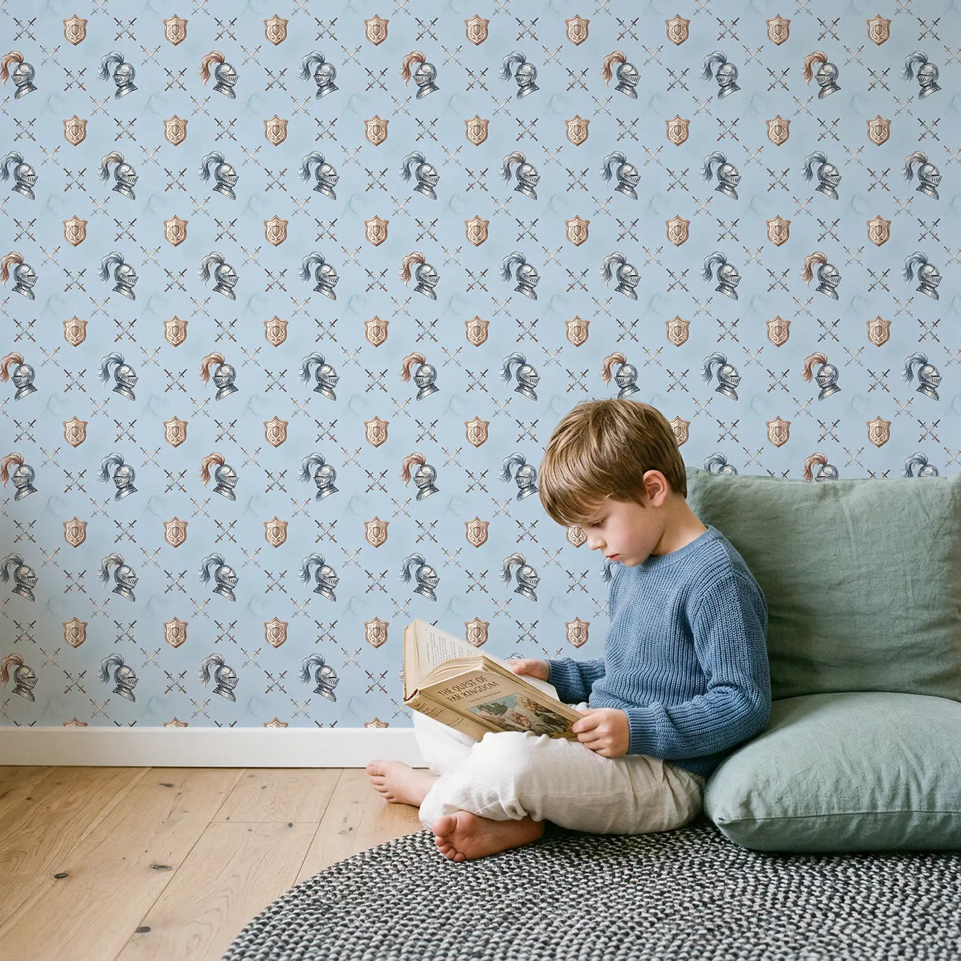 Knight Helmets Watercolor wallpaper in styled kids room - Whimsy Tots