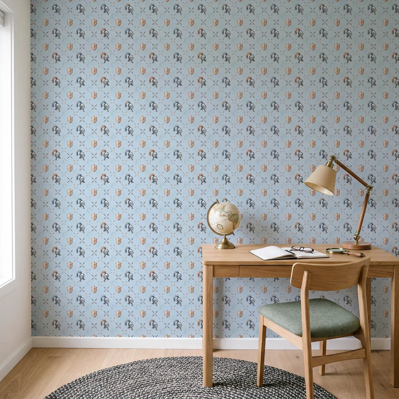 Knight Helmets Watercolor wallpaper in Scandinavian nursery - Whimsy Tots