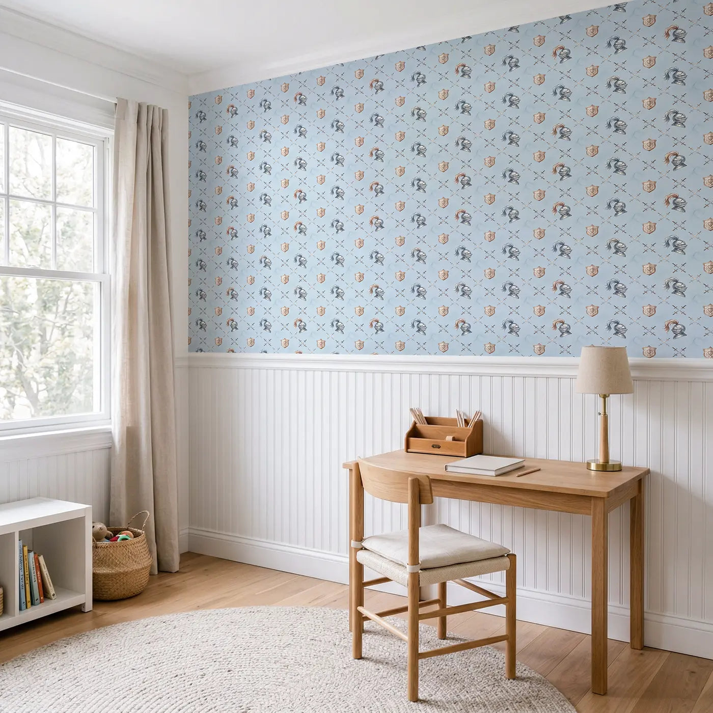 Knight Helmets Watercolor wallpaper above wainscoting - Whimsy Tots