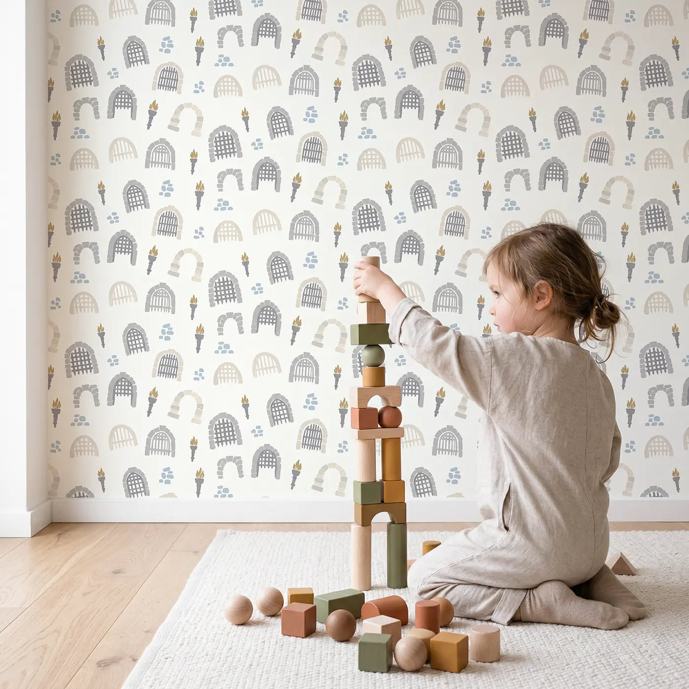 Castle Gate Modern Illustration wallpaper in styled kids room - Whimsy Tots