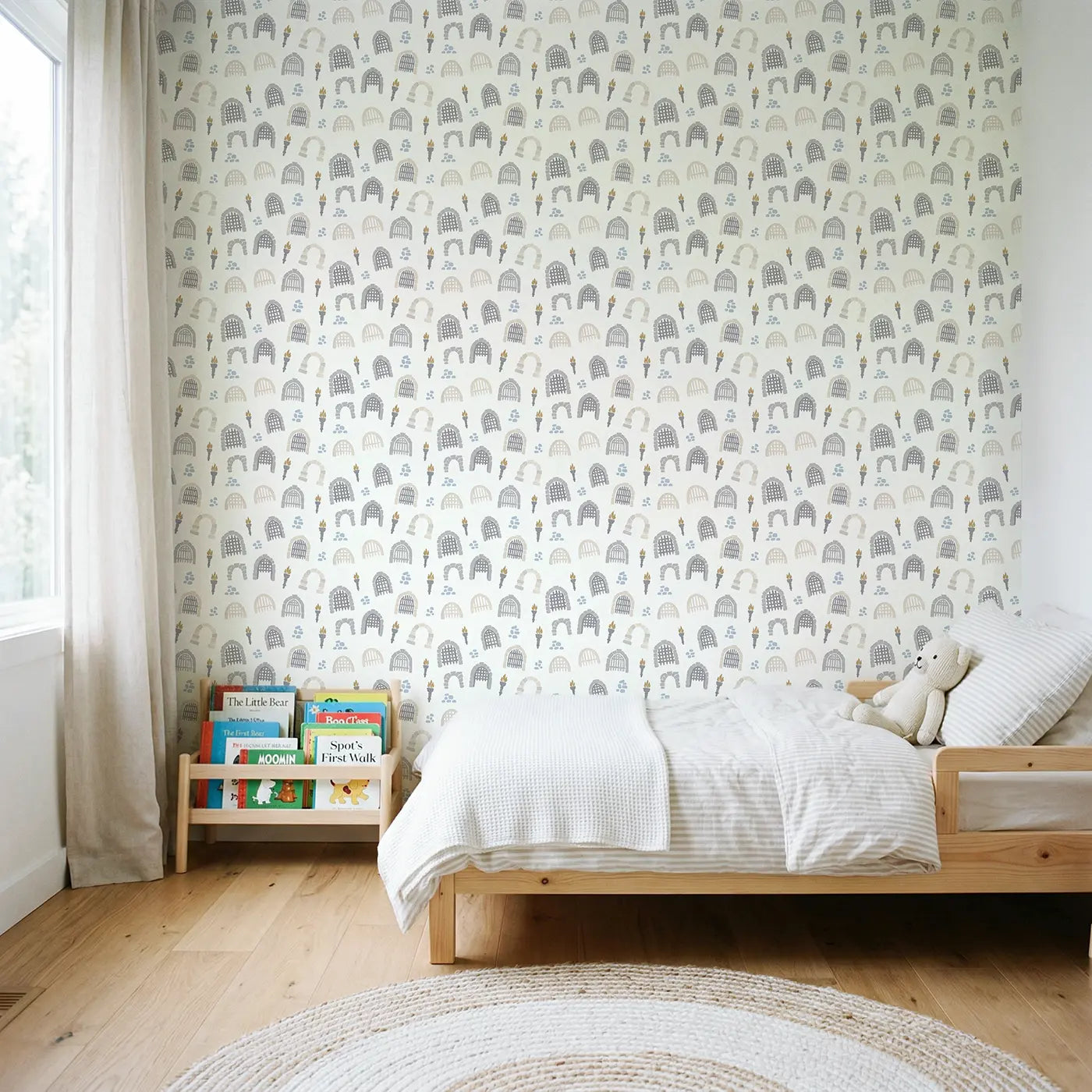 Castle Gate Modern Illustration wallpaper in Scandinavian nursery - Whimsy Tots
