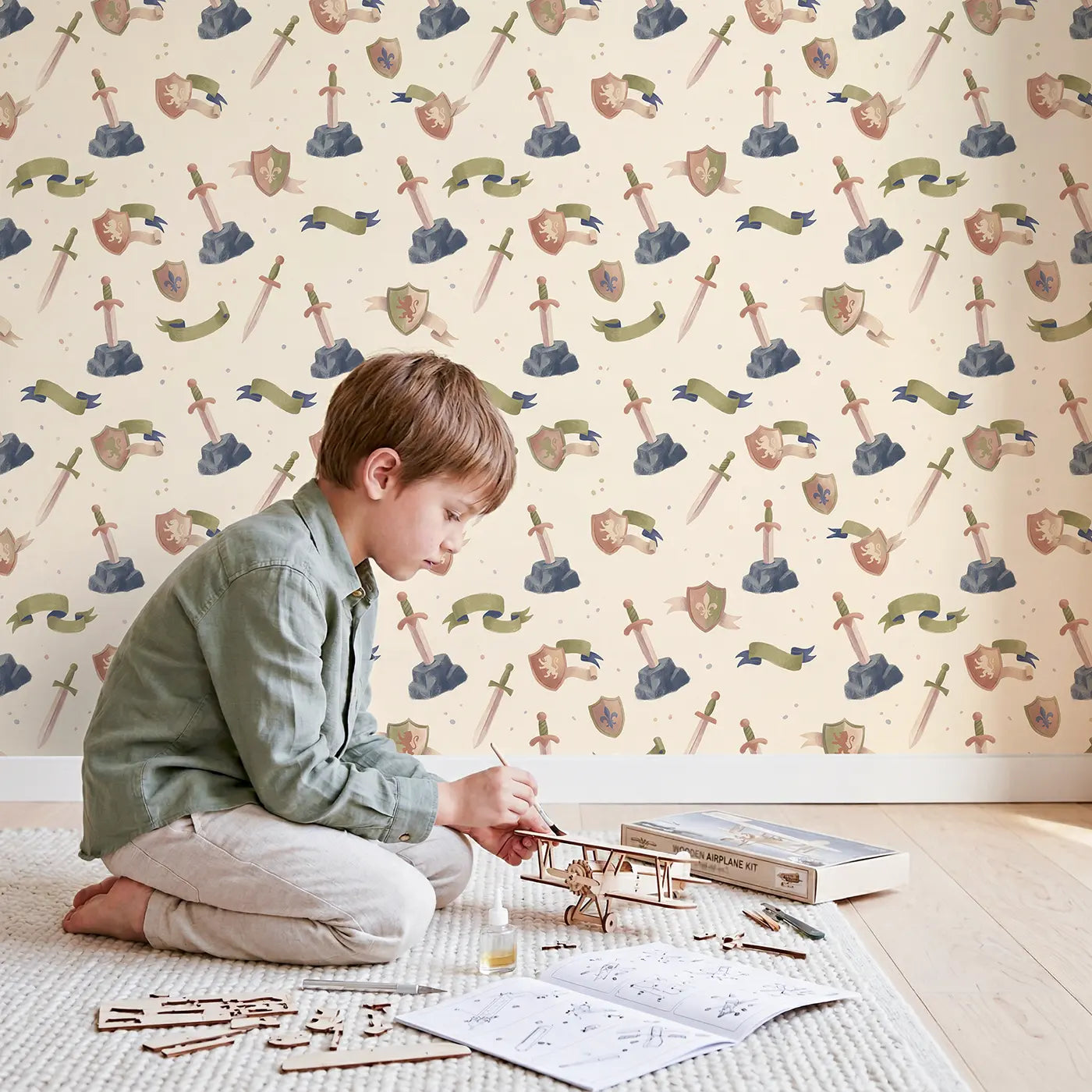 Medieval Swords Soft Pastel wallpaper in styled kids room - Whimsy Tots