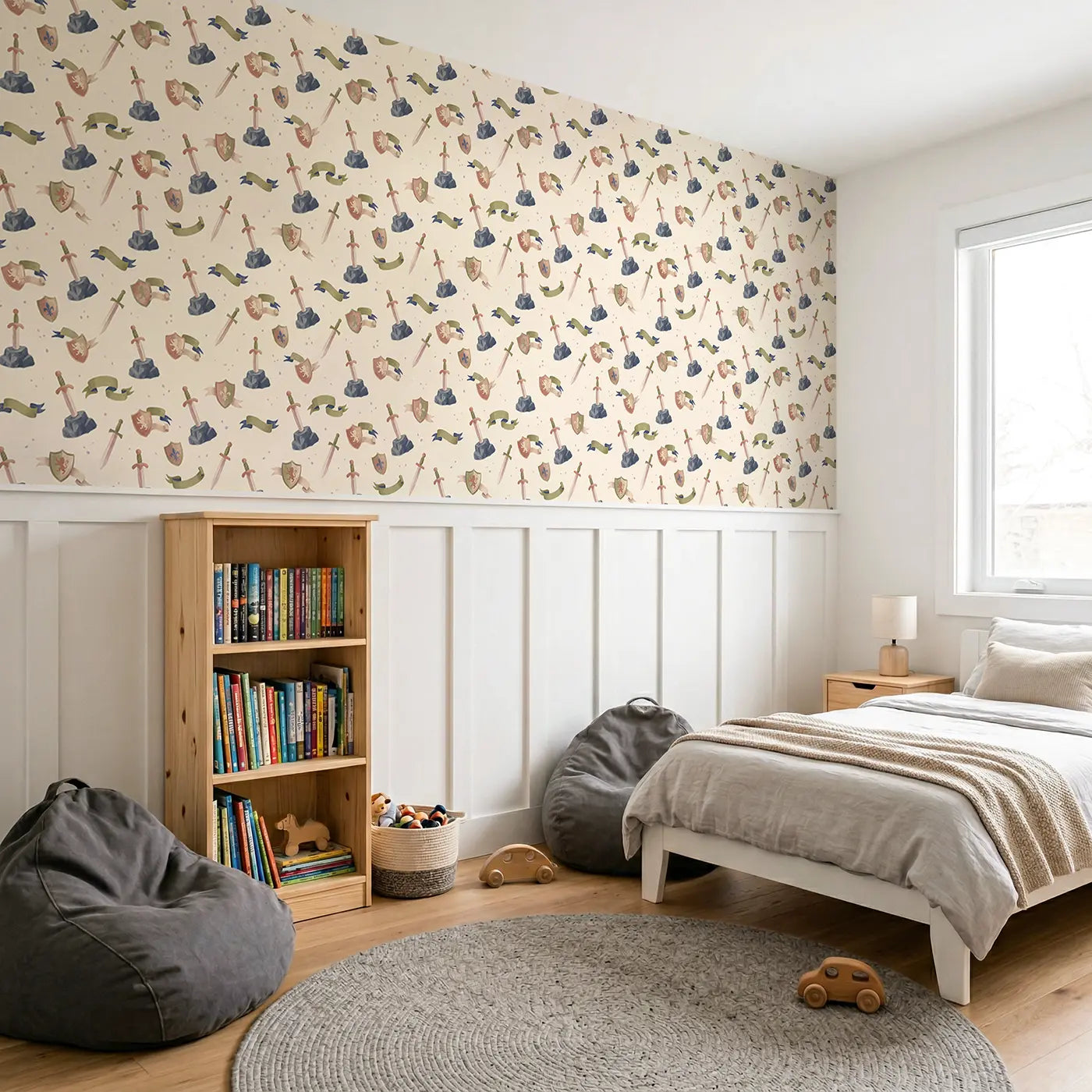 Medieval Swords Soft Pastel wallpaper above wainscoting - Whimsy Tots