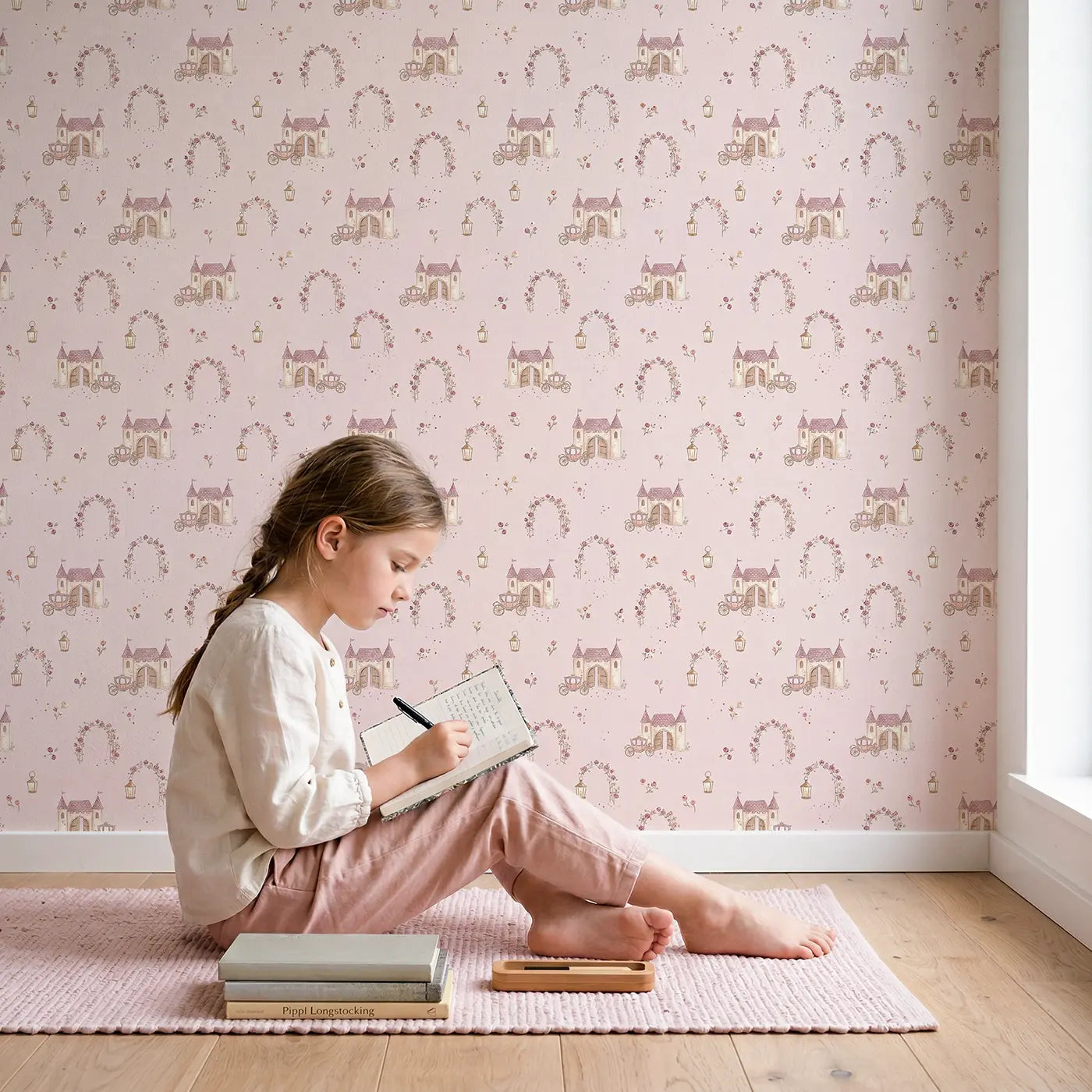 Carriages Approaching Ditsy Floral wallpaper in styled kids room - Whimsy Tots