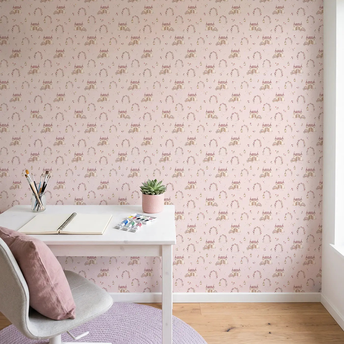 Carriages Approaching Ditsy Floral wallpaper in Scandinavian nursery - Whimsy Tots