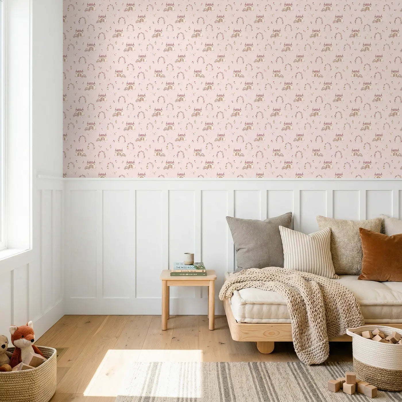 Carriages Approaching Ditsy Floral wallpaper above wainscoting - Whimsy Tots