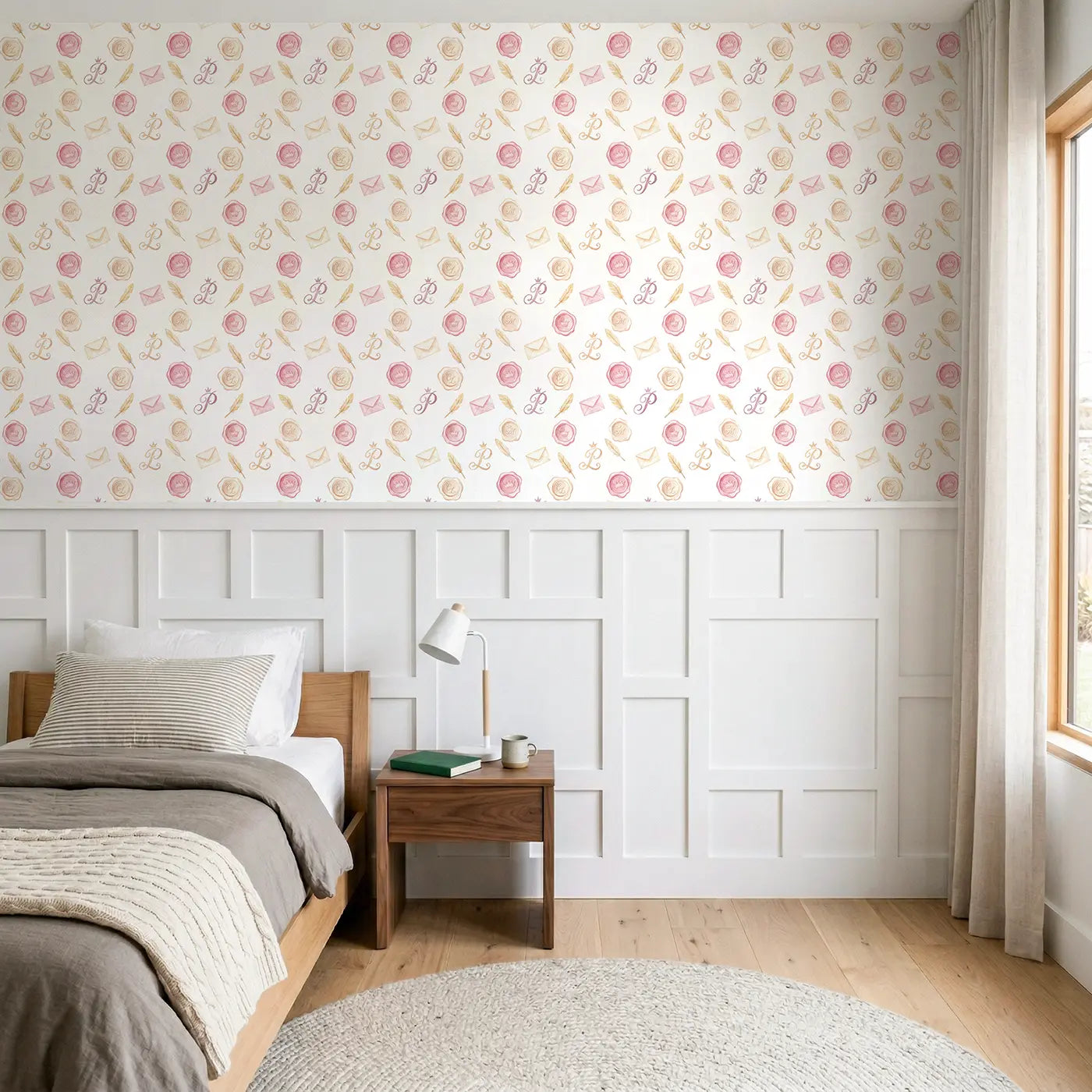 Princess Letter Watercolor wallpaper above wainscoting - Whimsy Tots