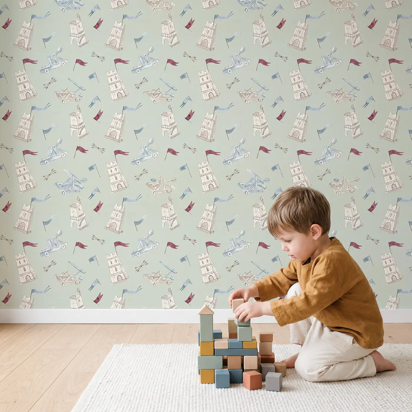 Catapults Siege Watercolor wallpaper in styled kids room - Whimsy Tots