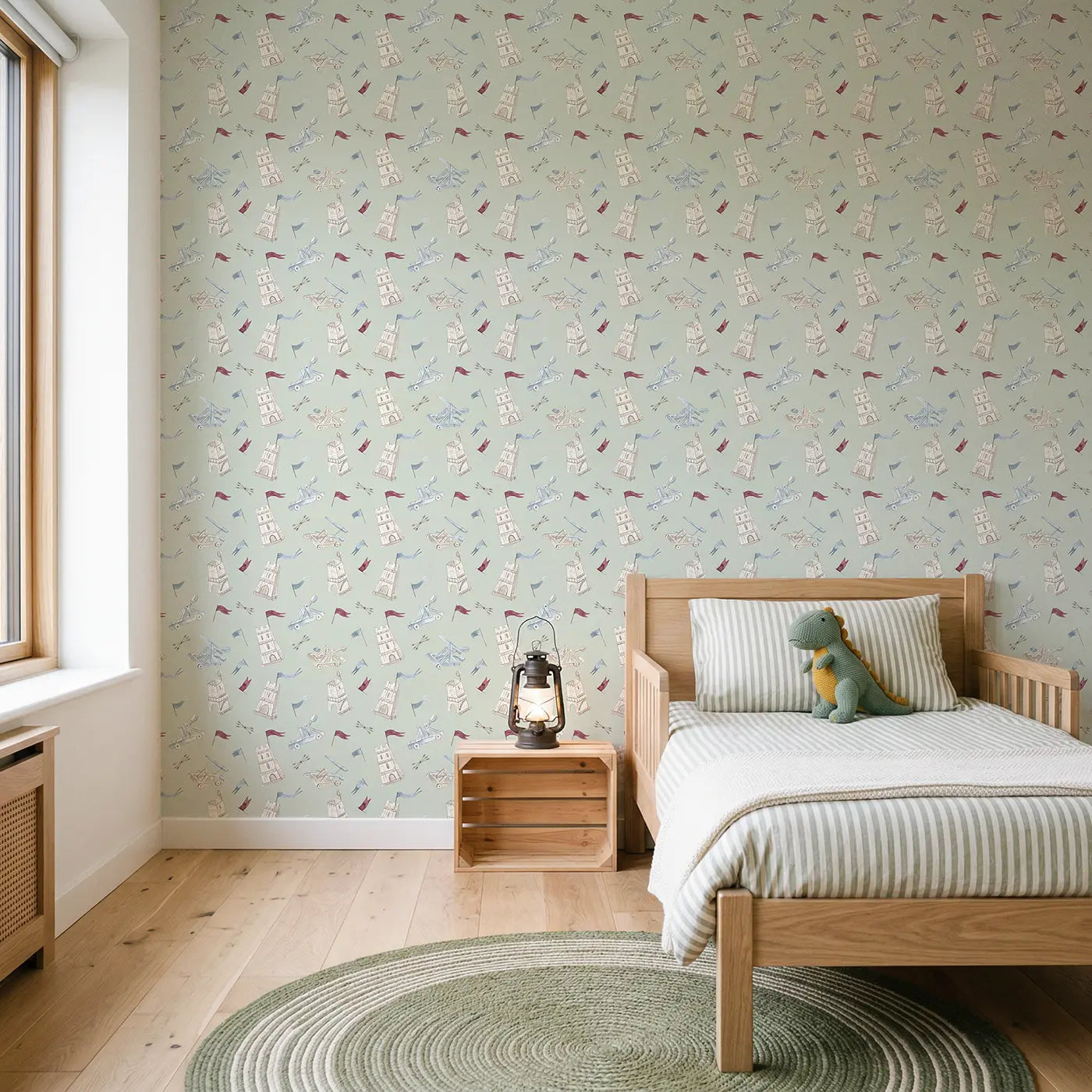 Catapults Siege Watercolor wallpaper in Scandinavian nursery - Whimsy Tots