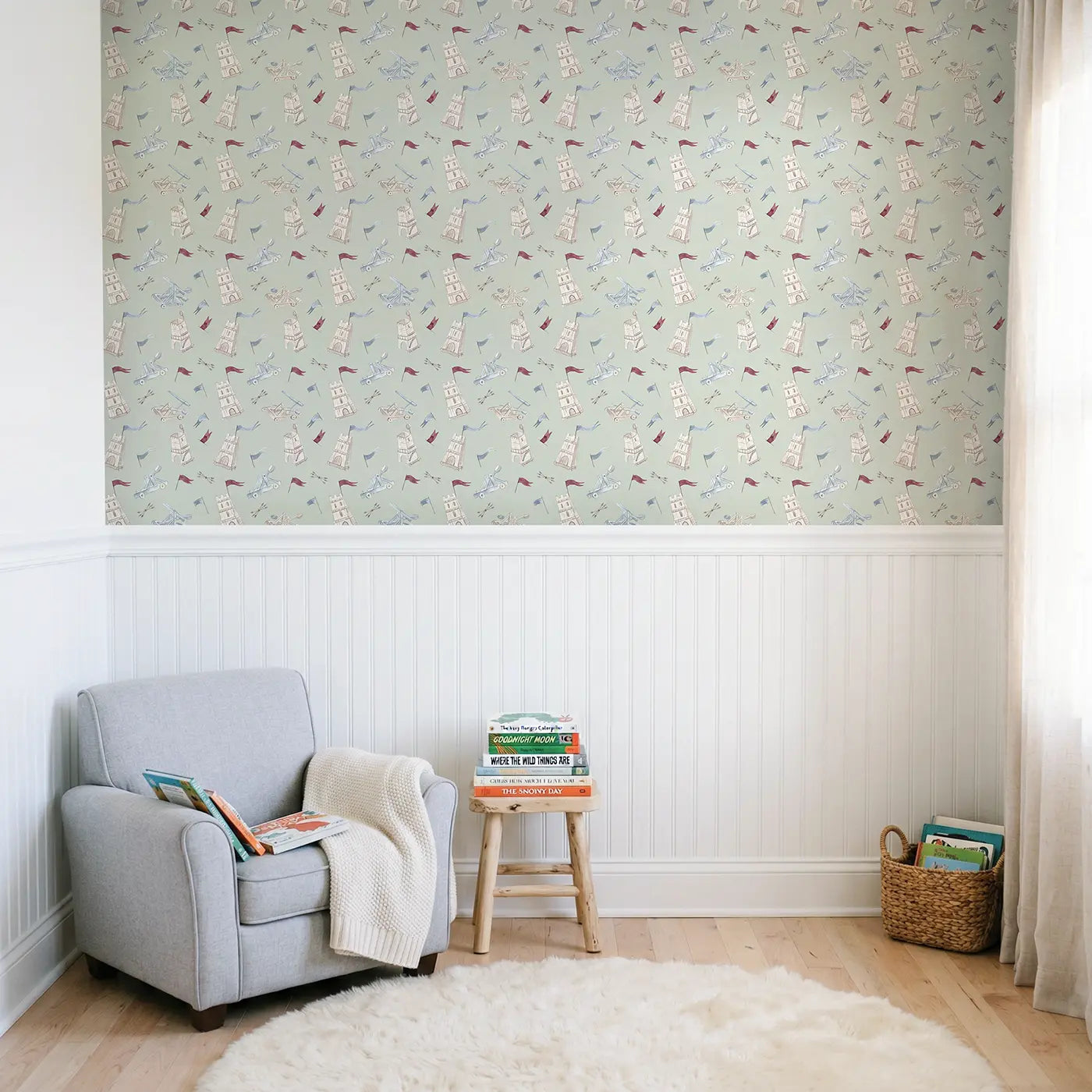Catapults Siege Watercolor wallpaper above wainscoting - Whimsy Tots