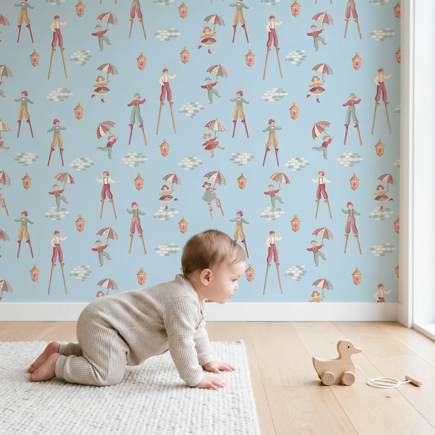 Stilt Walkers Modern Illustration wallpaper in styled kids room - Whimsy Tots