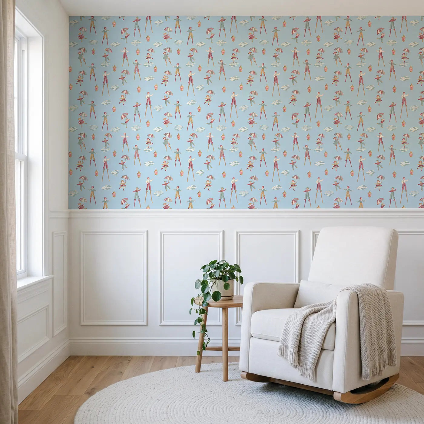 Stilt Walkers Modern Illustration wallpaper above wainscoting - Whimsy Tots