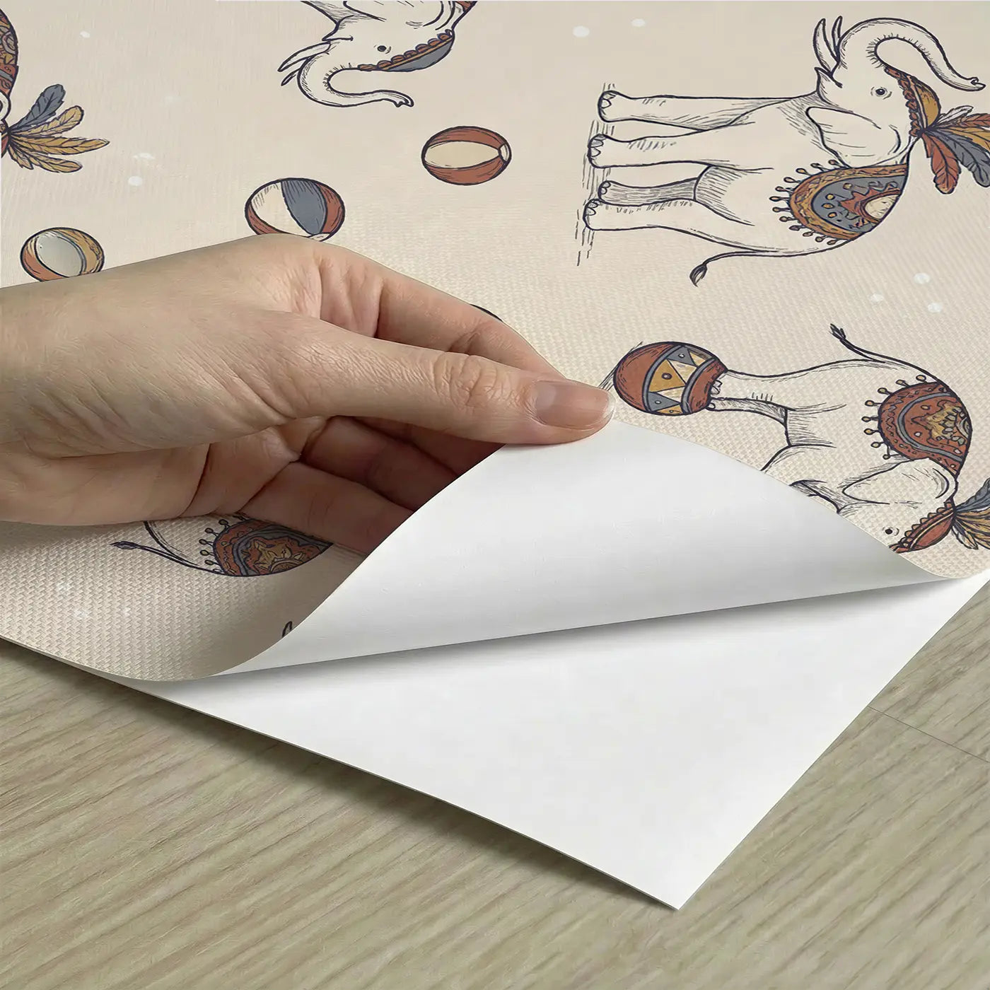 Performing Elephants Hand-Drawn peel and stick material close-up - Whimsy Tots