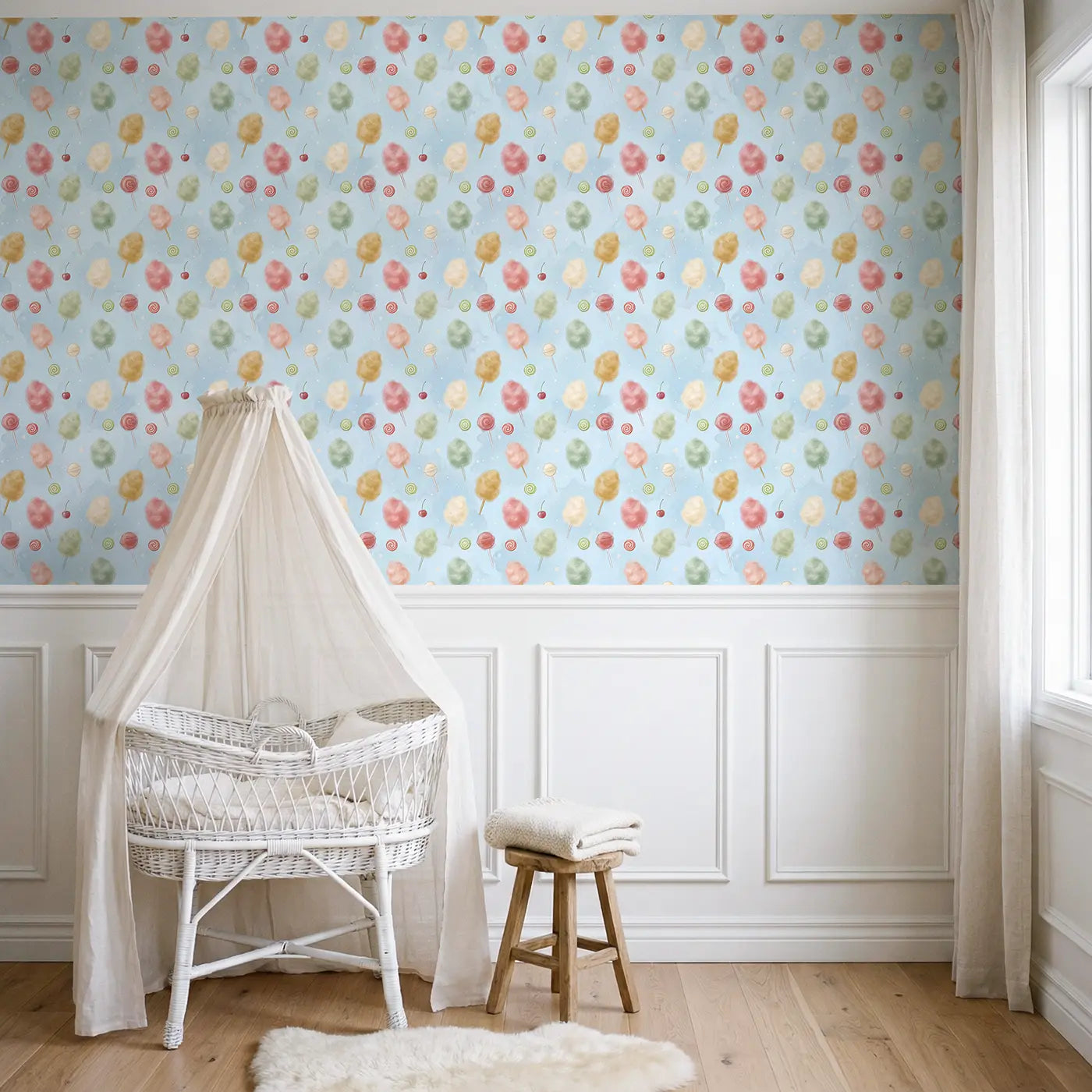 Cotton Candy Soft Pastel wallpaper above wainscoting - Whimsy Tots