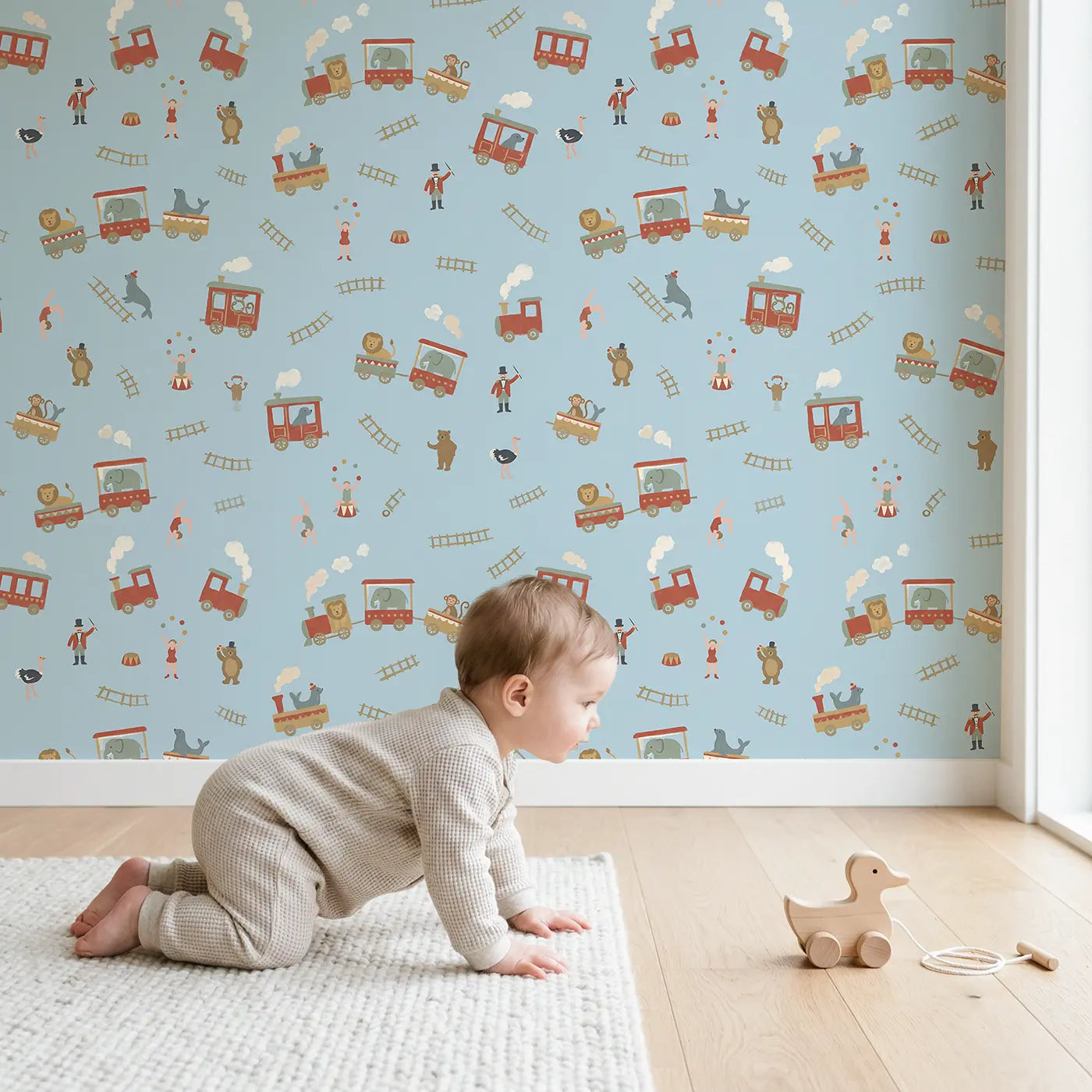 Circus Train Modern Illustration wallpaper in styled kids room - Whimsy Tots