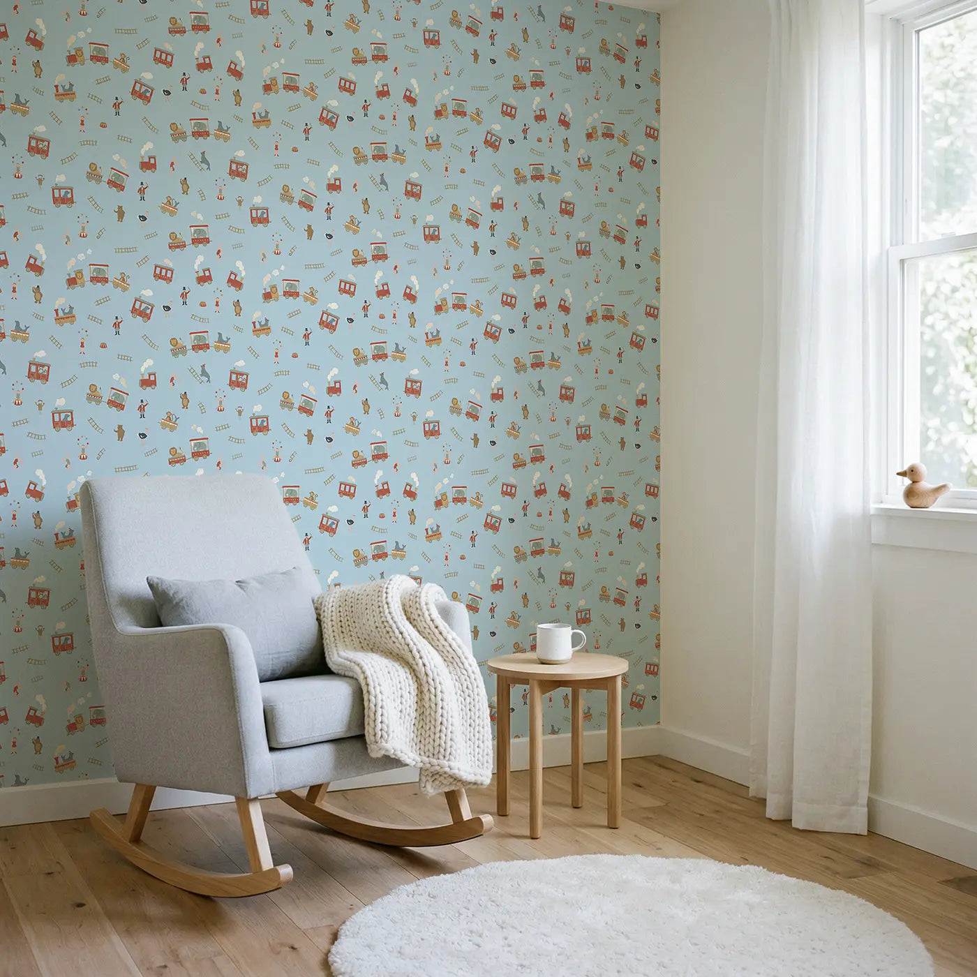 Circus Train Modern Illustration wallpaper in Scandinavian nursery - Whimsy Tots