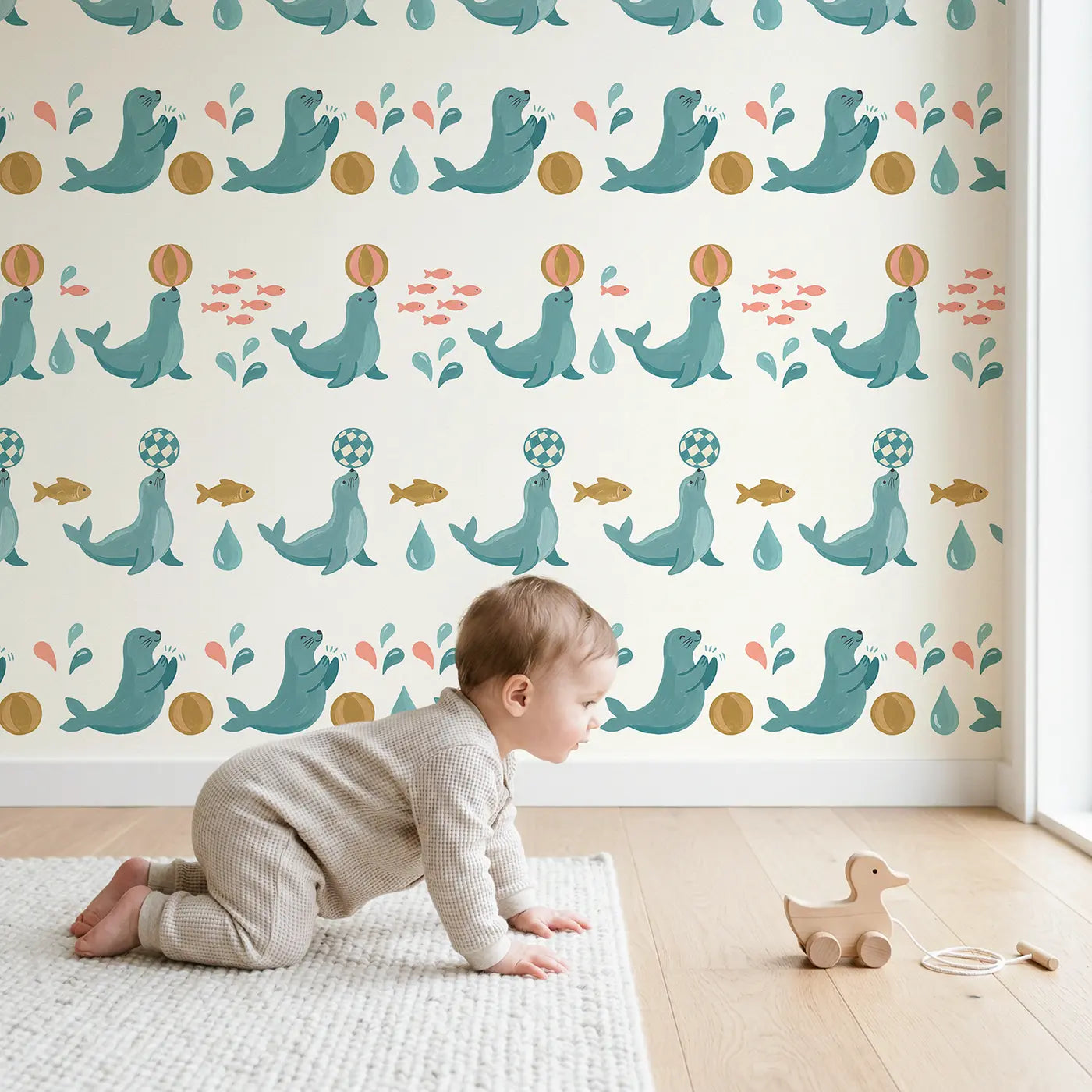 Performing Seals Modern Illustration wallpaper in styled kids room - Whimsy Tots