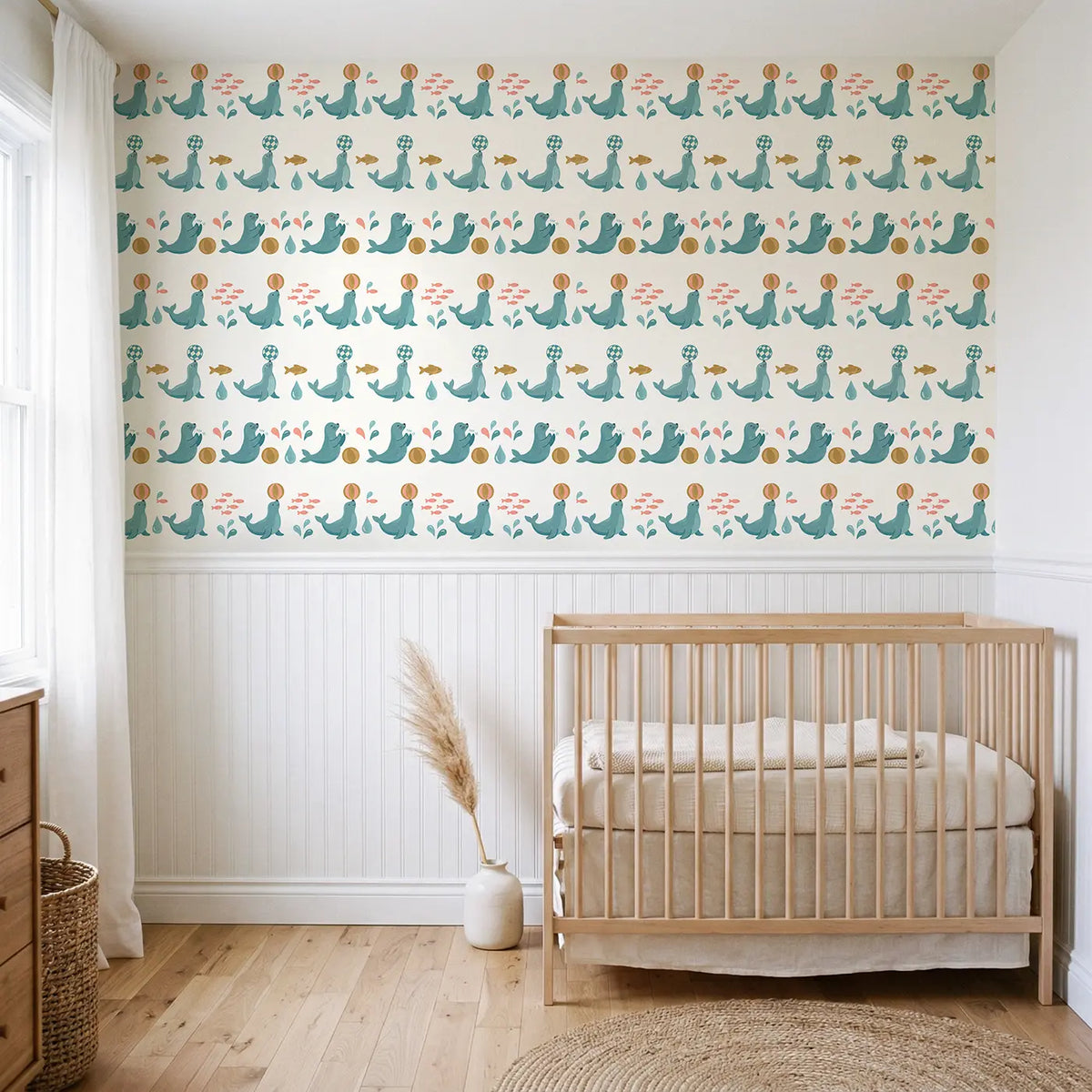 Performing Seals Modern Illustration wallpaper above wainscoting - Whimsy Tots