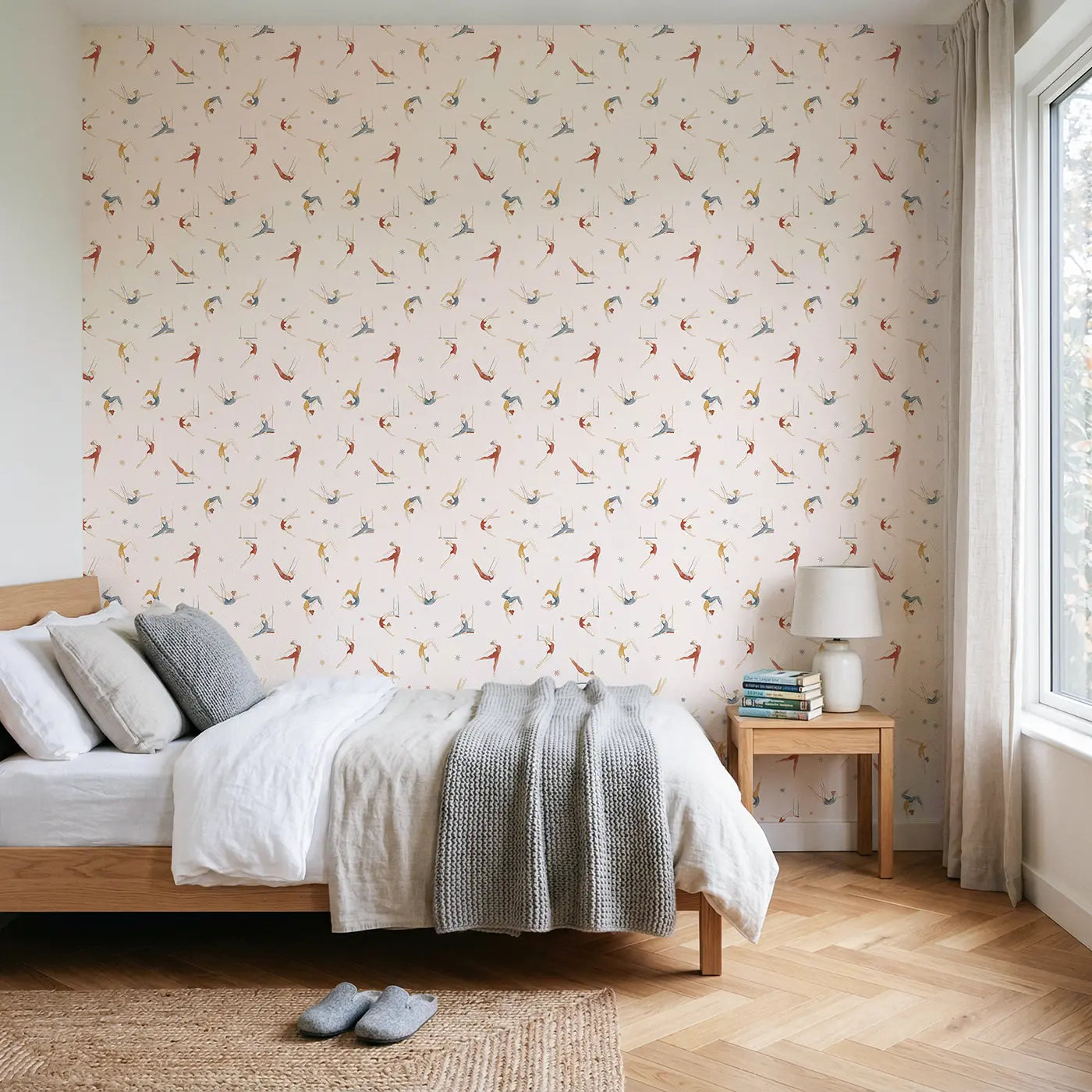 Circus Acrobats Watercolor wallpaper in Scandinavian nursery - Whimsy Tots