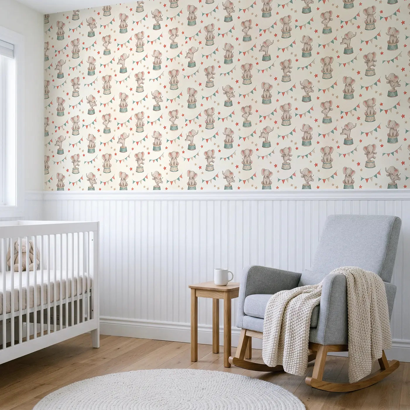 Baby Elephants Soft Pastel wallpaper above wainscoting - Whimsy Tots