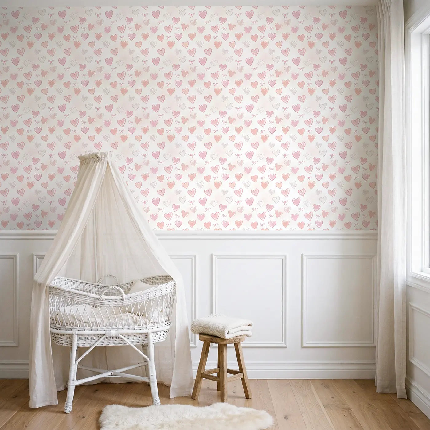 Delicate Hearts Soft Pastel wallpaper above wainscoting - Whimsy Tots