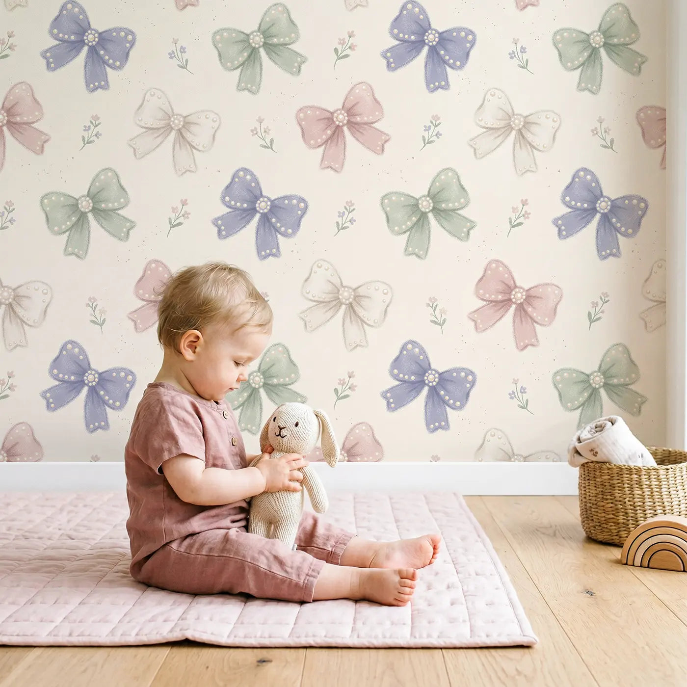 Statement Bows Soft Pastel wallpaper in styled kids room - Whimsy Tots